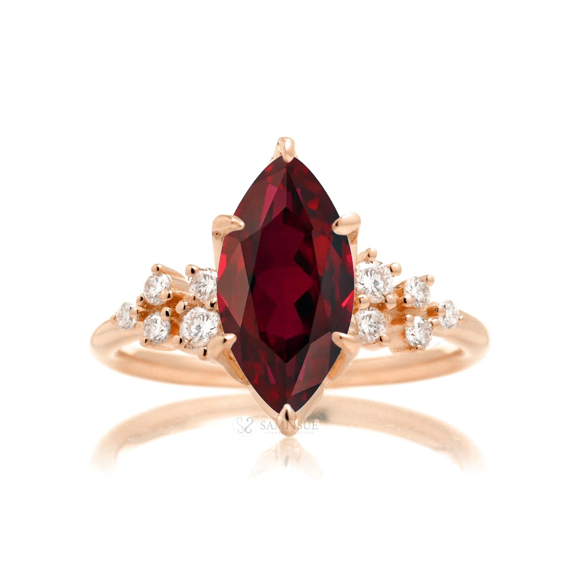 Marquise ruby and diamond solitaire engagement ring in rose gold