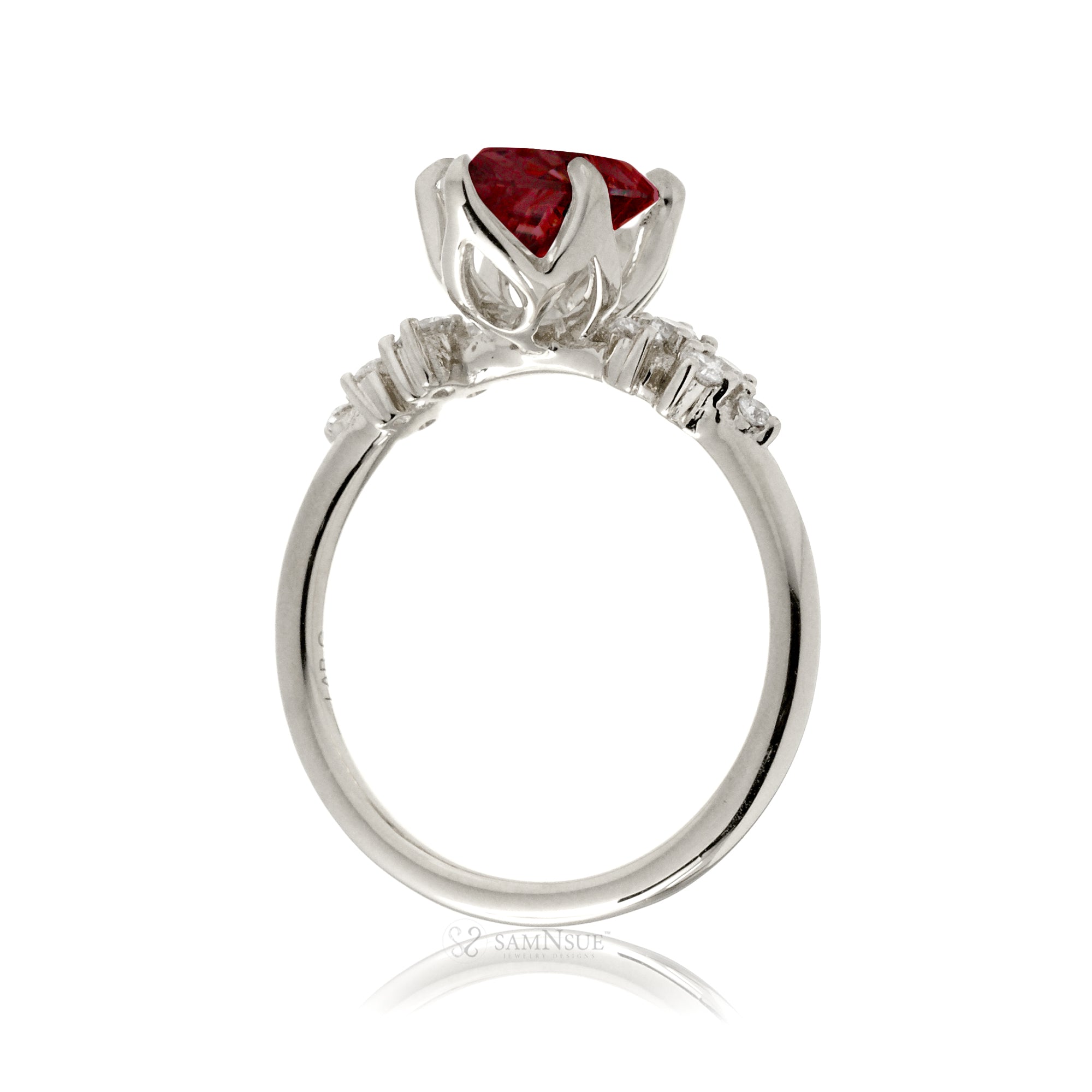 Marquise ruby and diamond solitaire engagement ring in white gold or platinum
