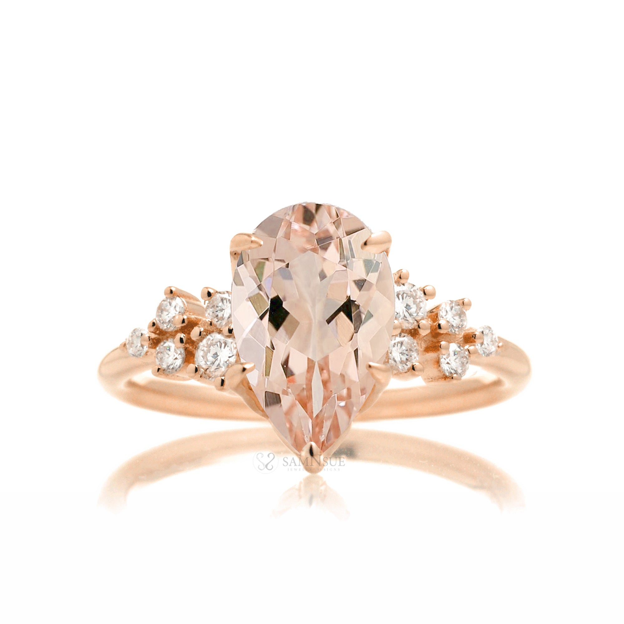 Pear morganite three stone diamond ring rose gold