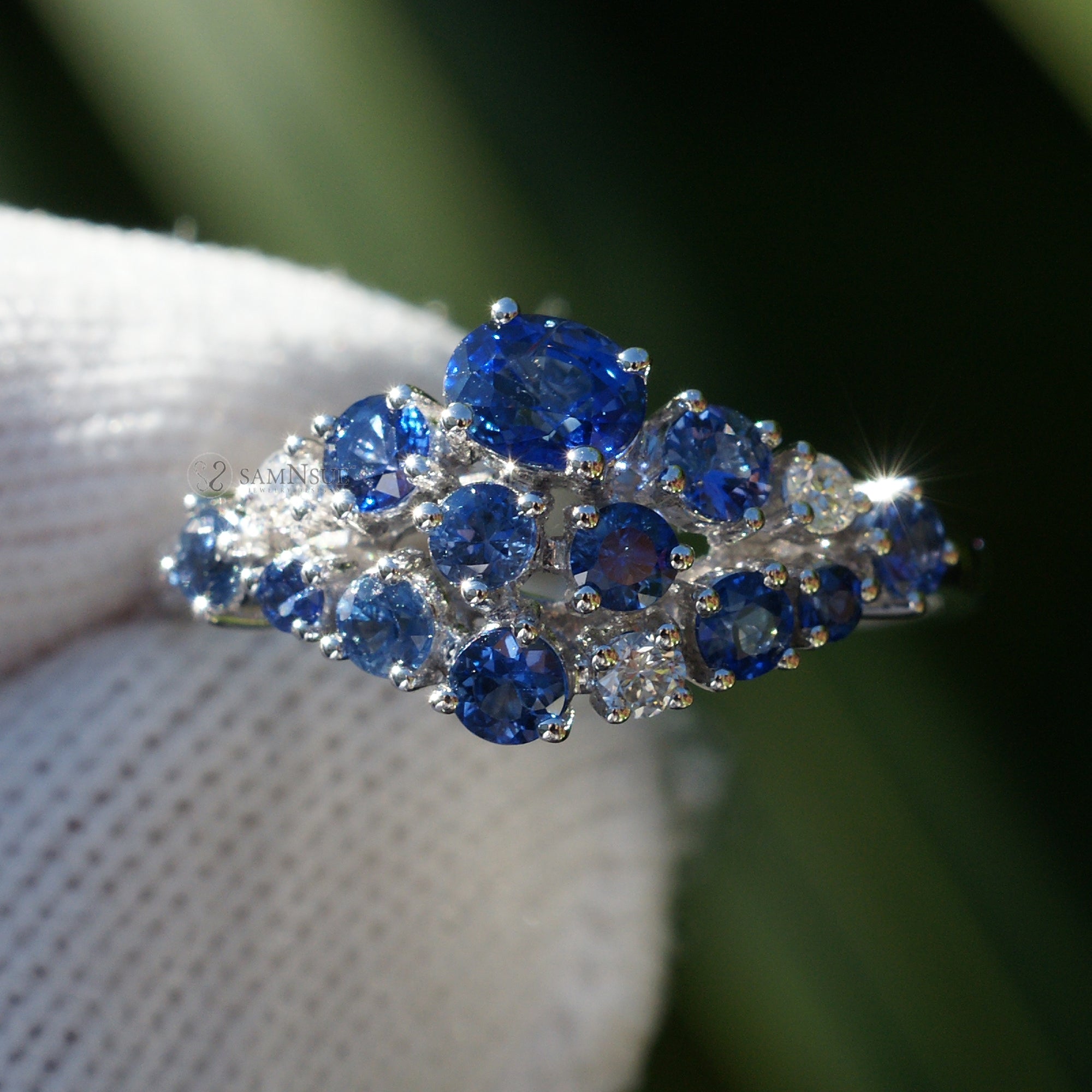 Unique cluster of sapphire and diamond constellation anniversary band white gold