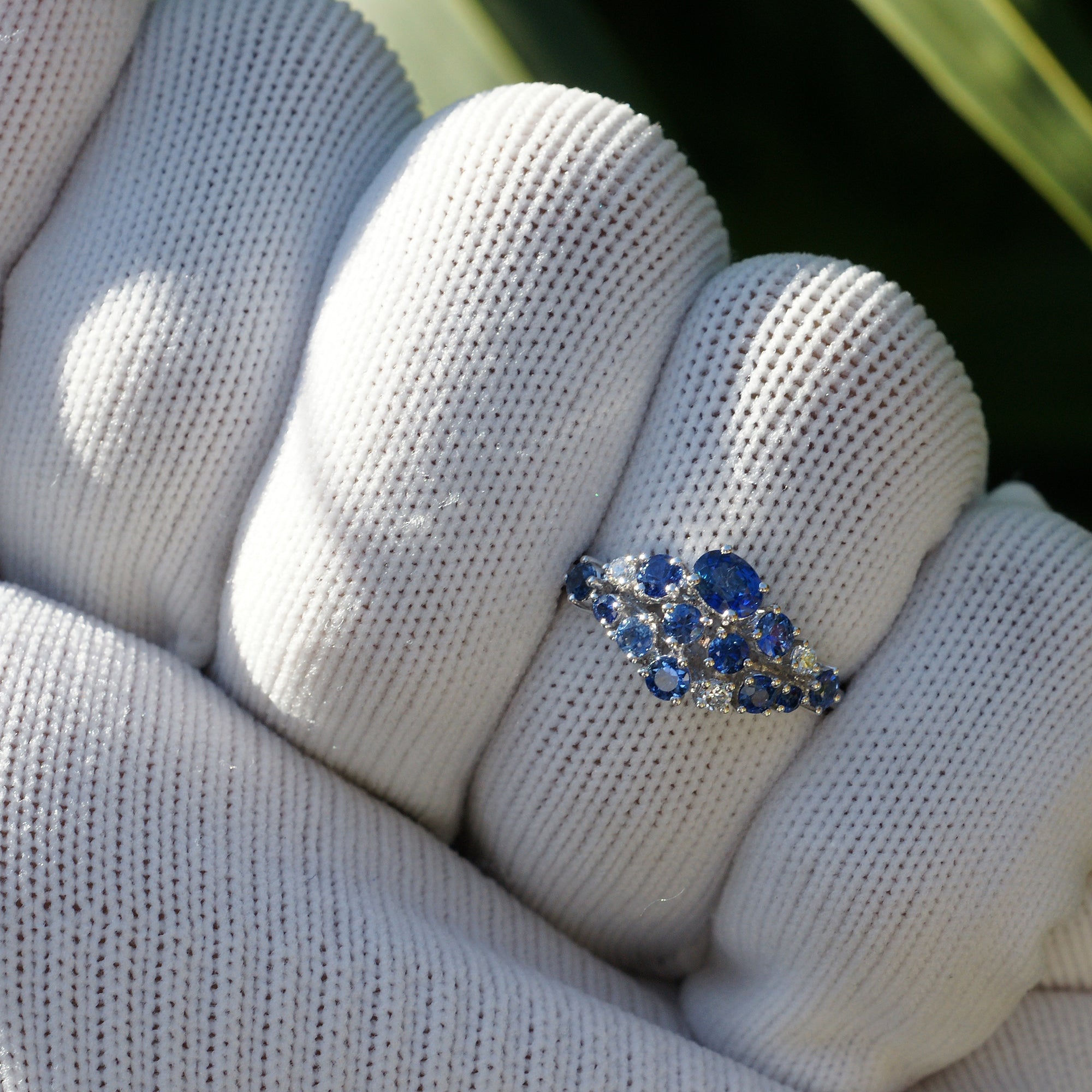 Unique cluster of sapphire and diamond constellation anniversary band white gold