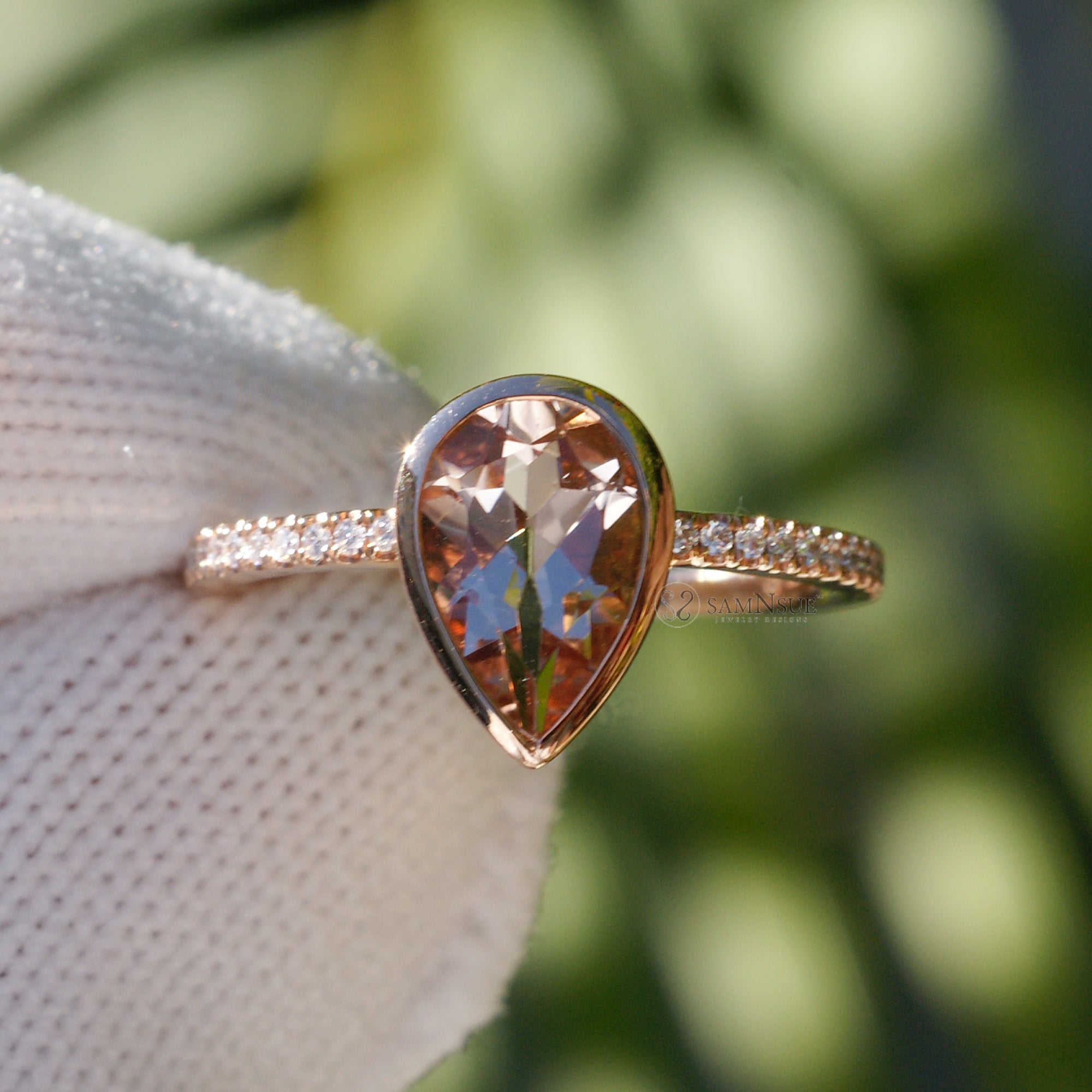Pear morganite ring with diamond band in rose gold