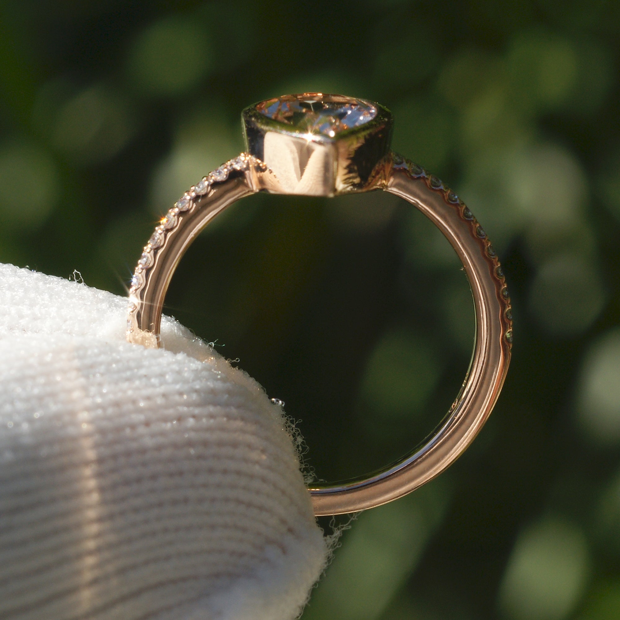 Pear morganite ring with diamond band in rose gold