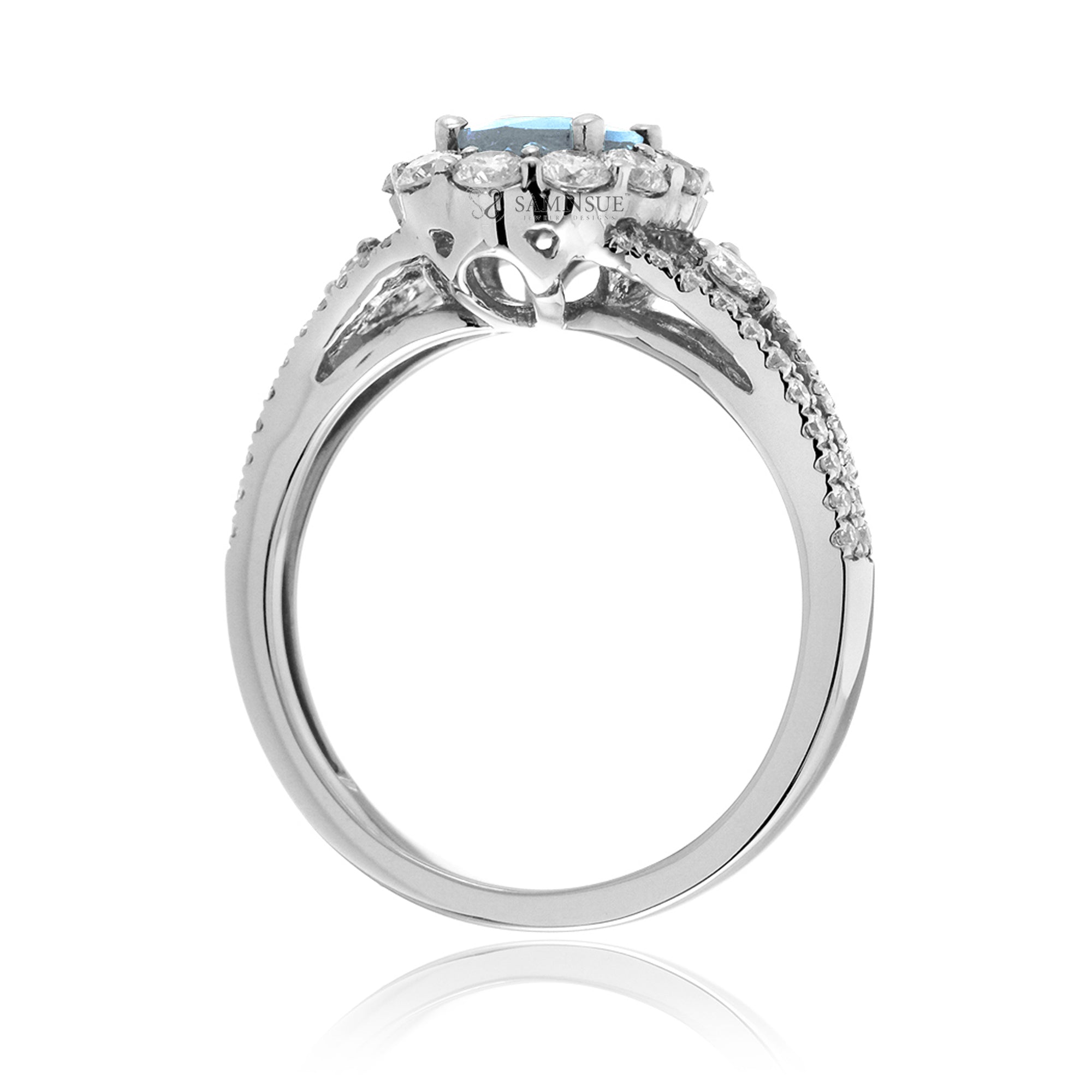 Oval cut aquamarine diamond halo split band three stone ring white gold