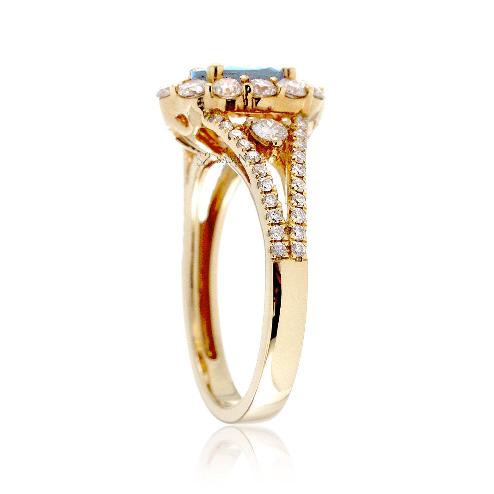 Oval cut aquamarine diamond halo split band three stone ring yellow gold