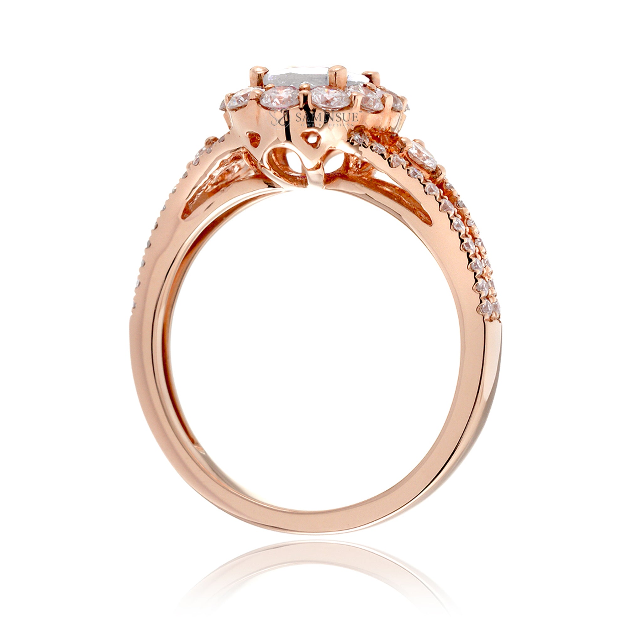 Oval diamond ring with halo split band and three stone design in rose gold