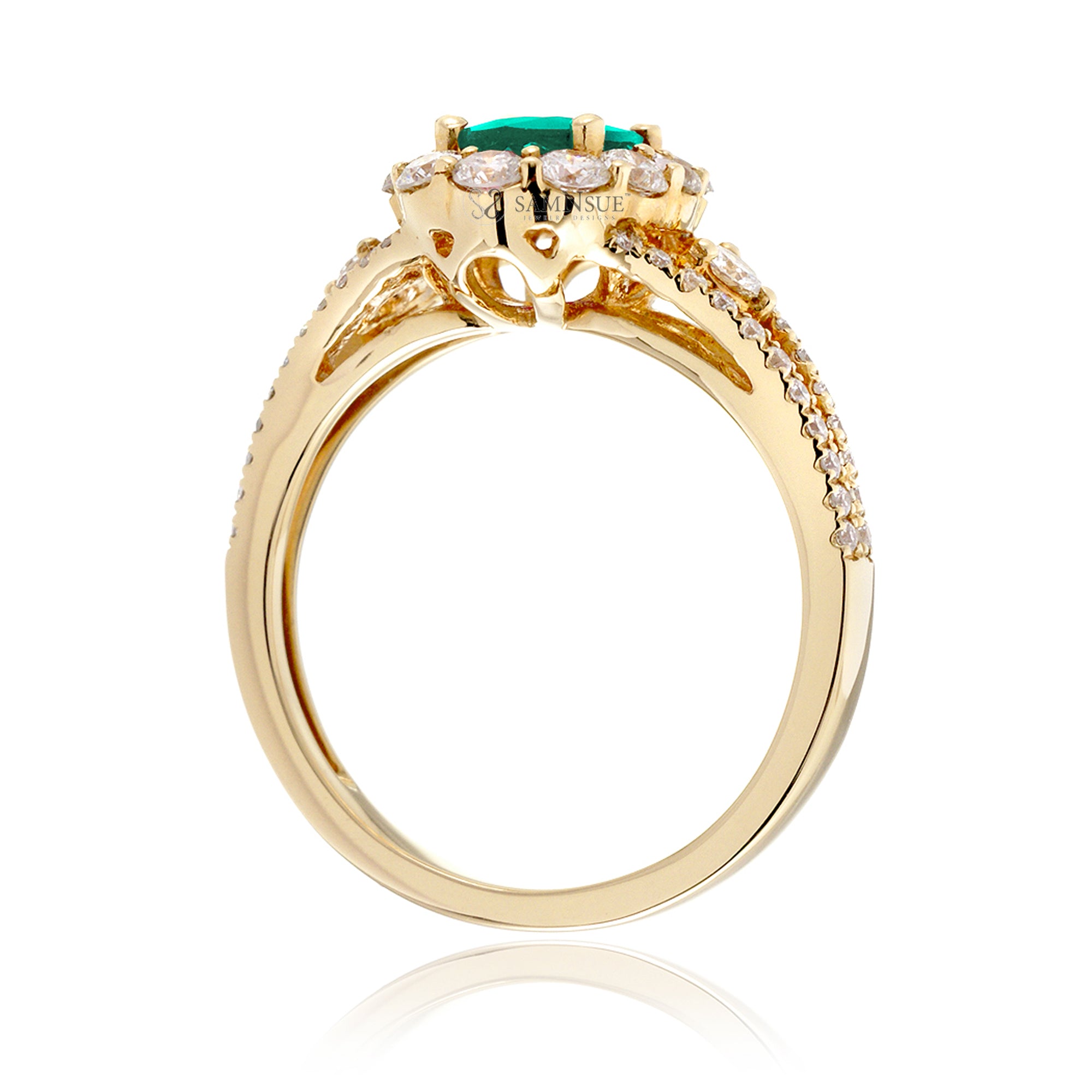 Oval cut green emerald ring with halo split band and three stone design ring yellow gold