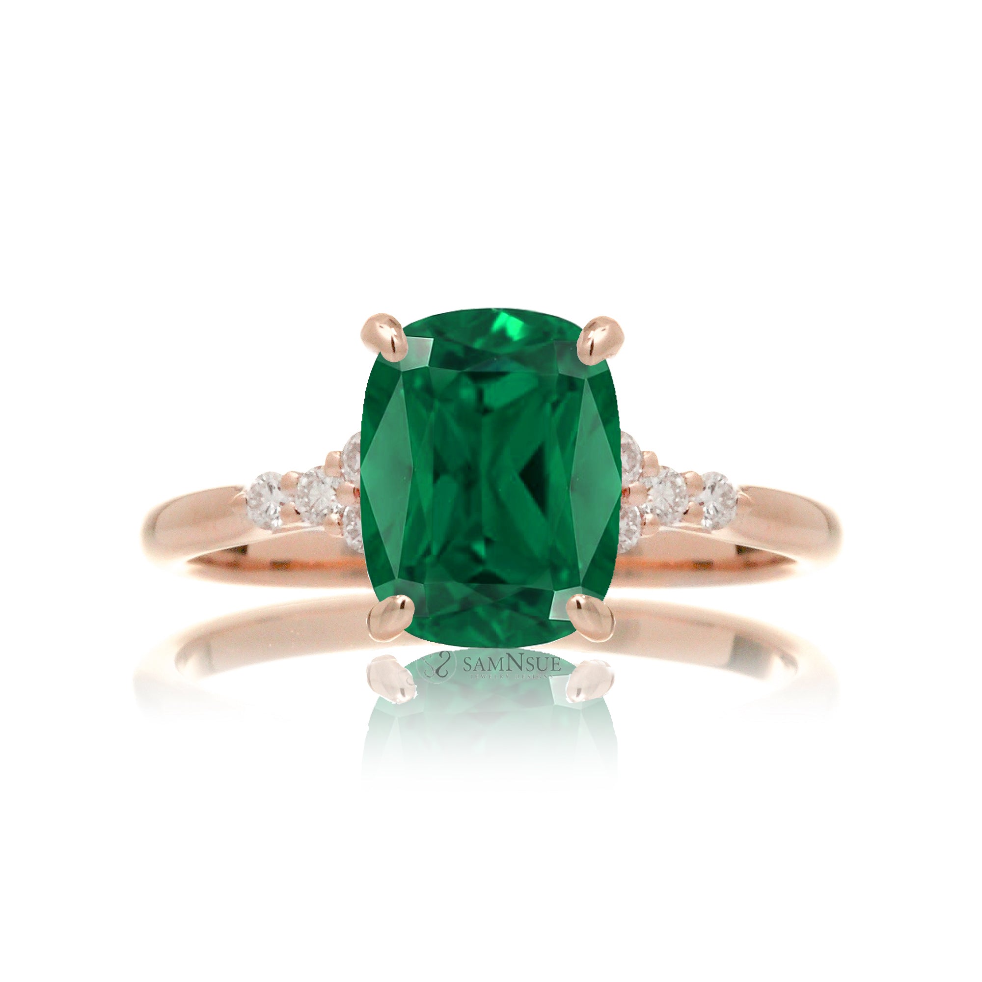 Cushion cut lab-grown emerald diamond three stone ring rose gold
