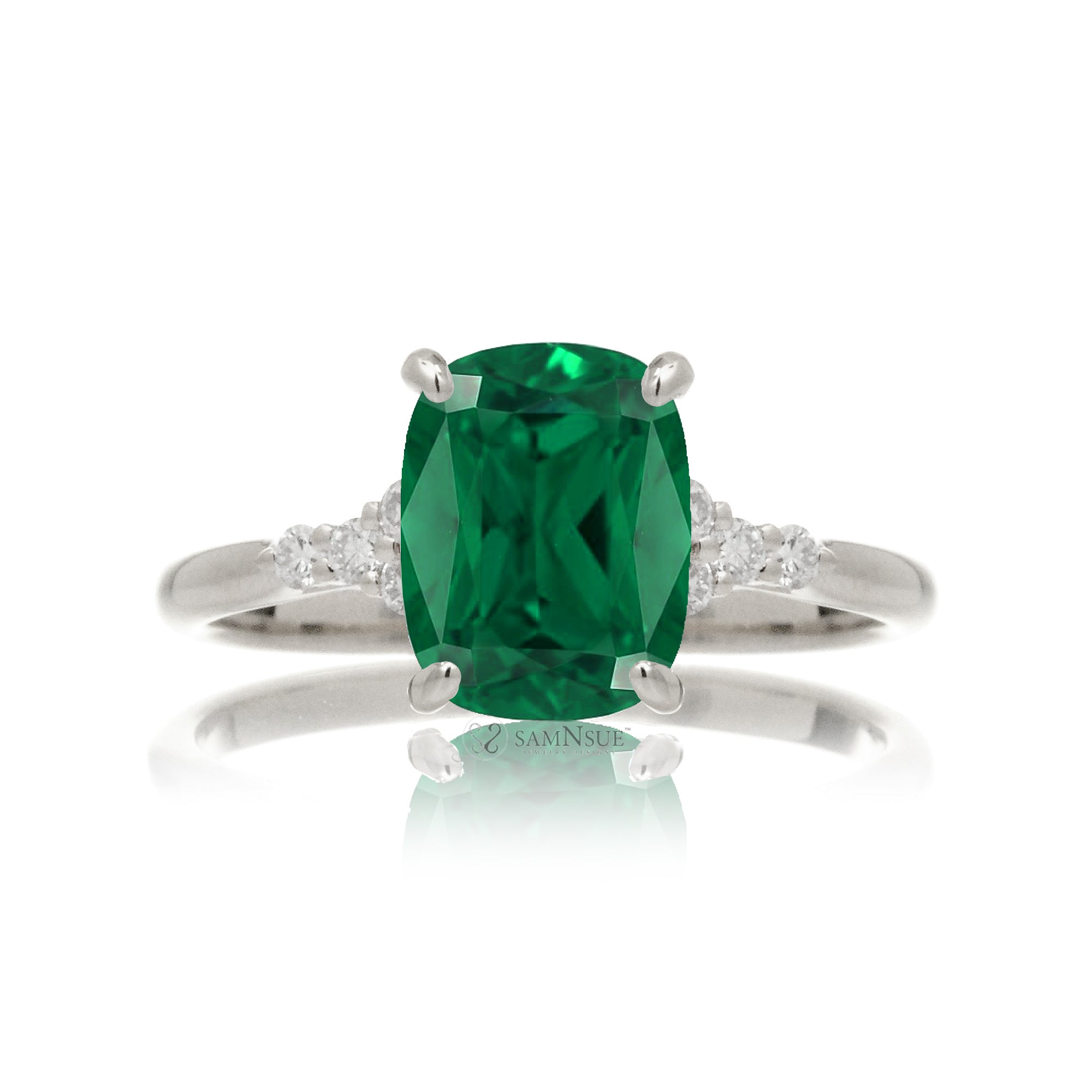 Cushion cut lab-grown emerald diamond three stone ring white gold