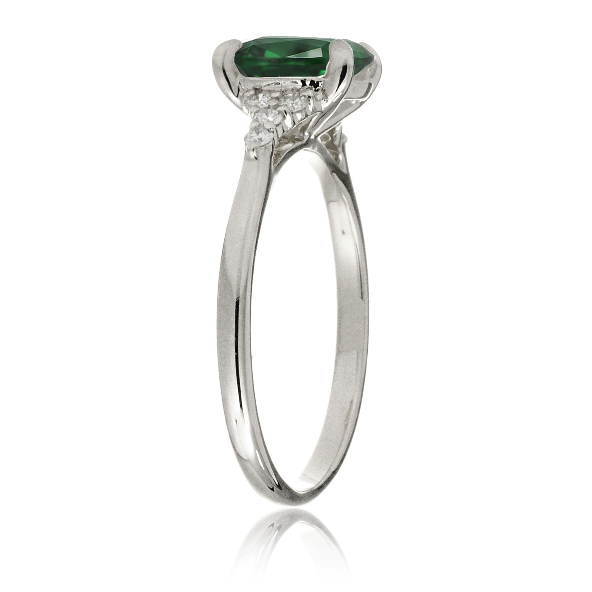 Cushion cut lab-grown emerald diamond three stone ring white gold