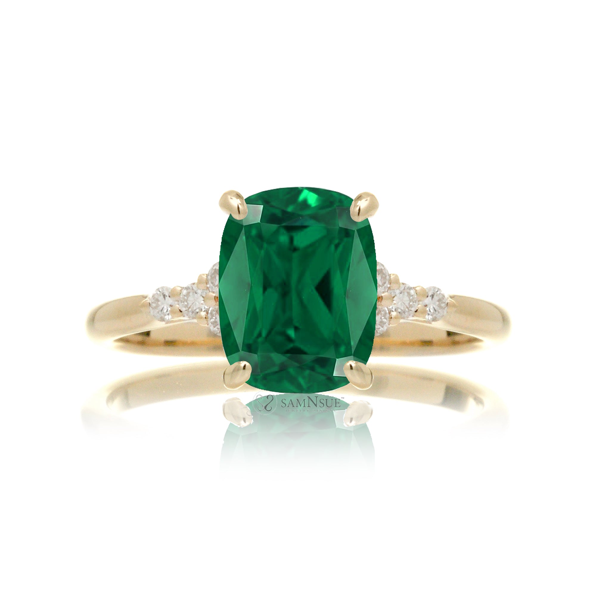 Cushion cut lab-grown emerald diamond three stone ring yellow gold