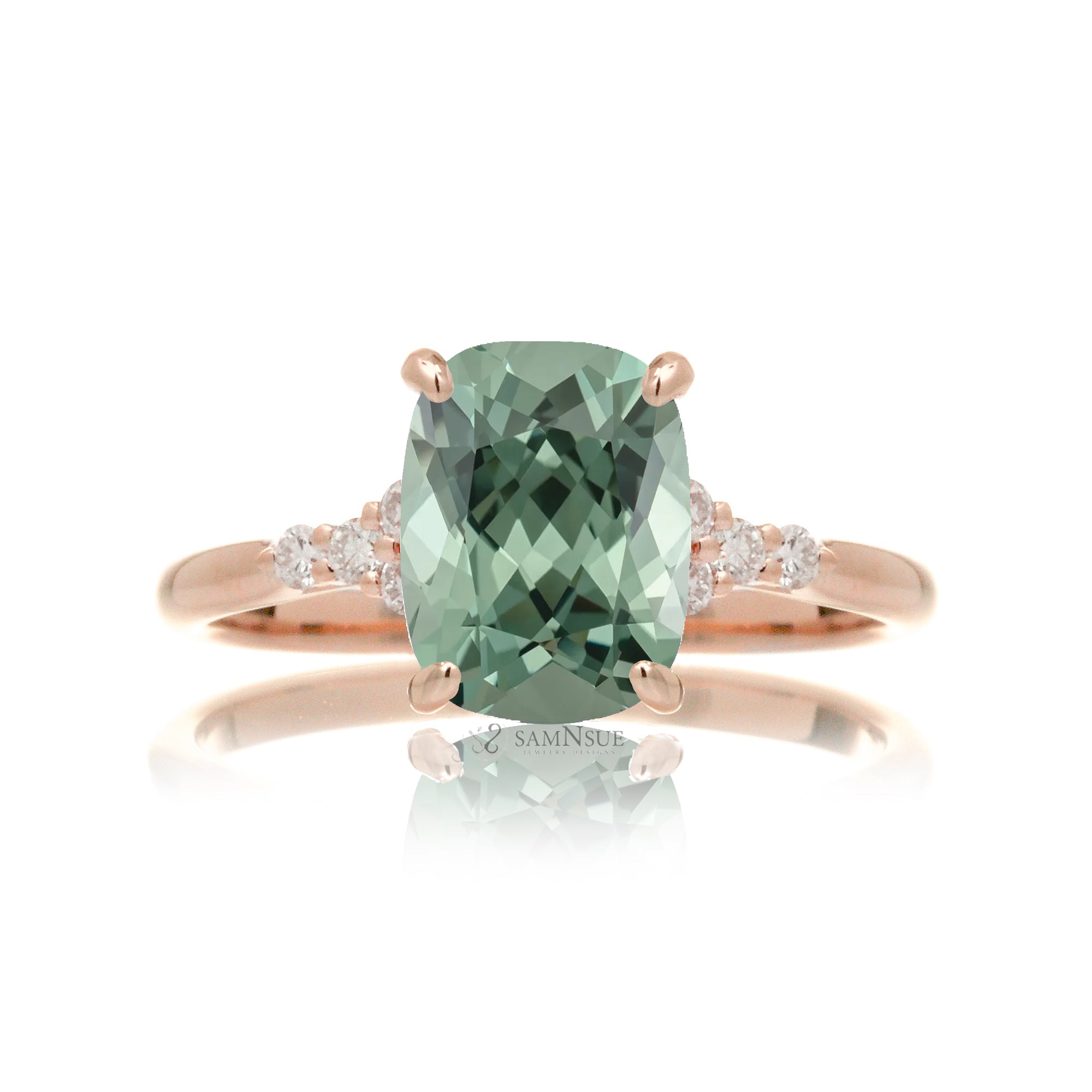 Cushion cut lab-grown green sapphire diamond ring rose gold