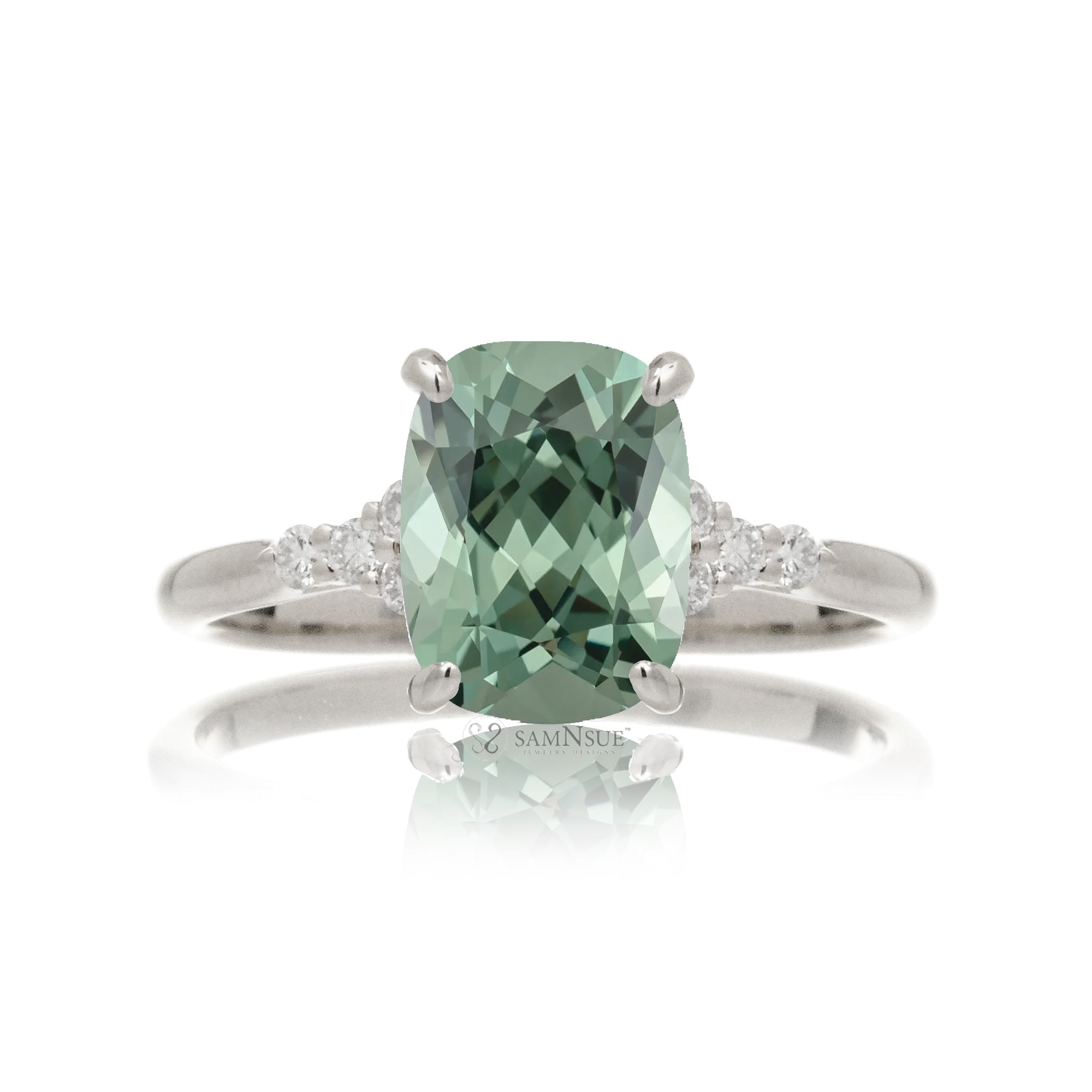 Cushion cut lab-grown green sapphire diamond ring white gold