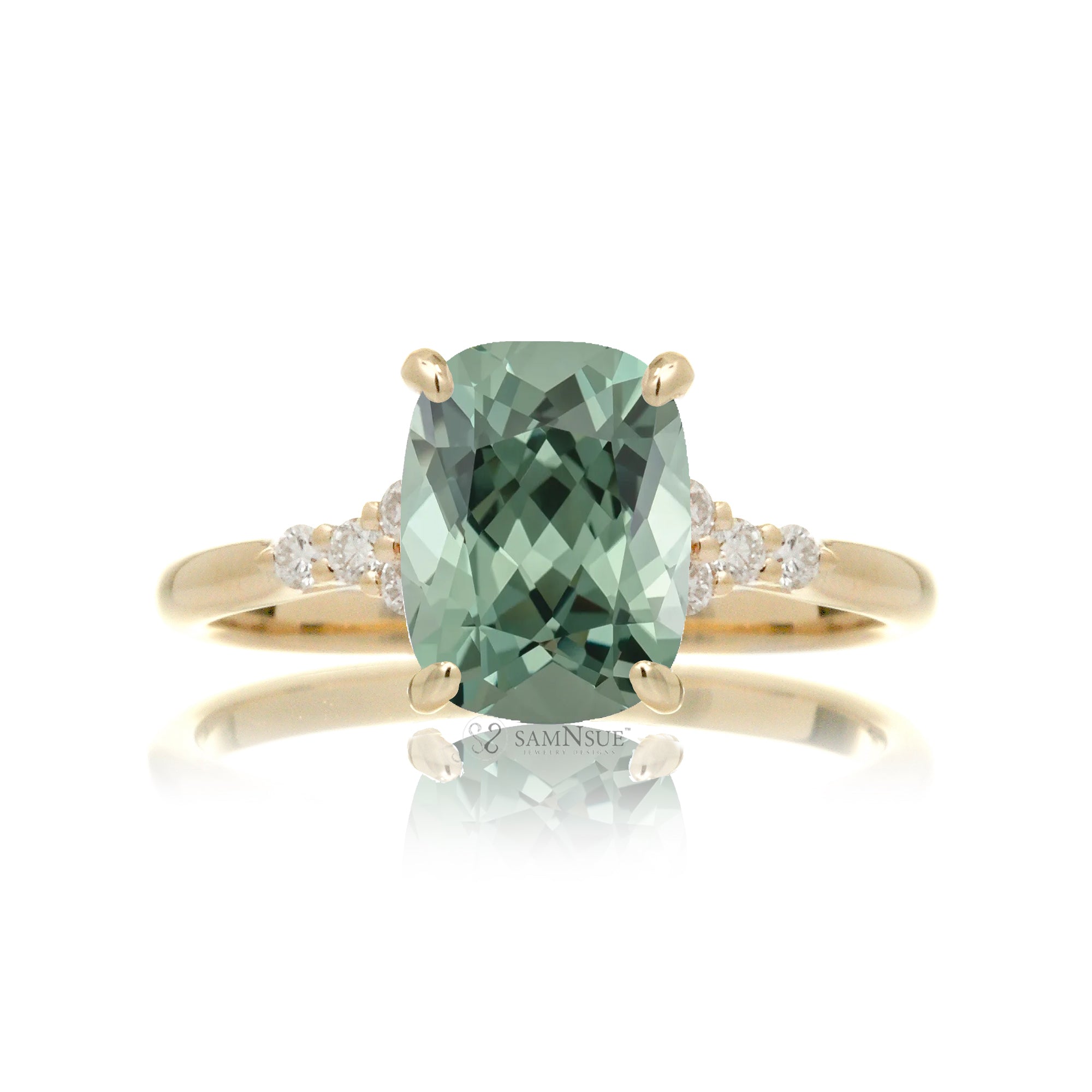 Cushion cut lab-grown green sapphire diamond ring yellow gold