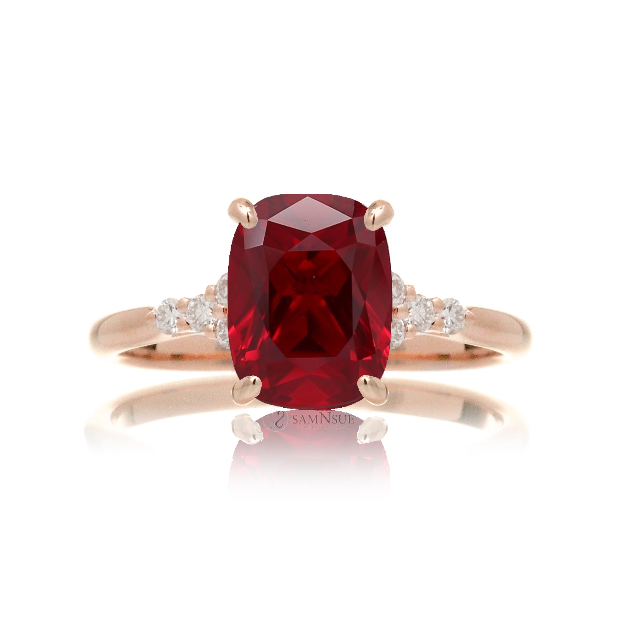 Cushion cut lab-grown ruby and diamond ring rose gold