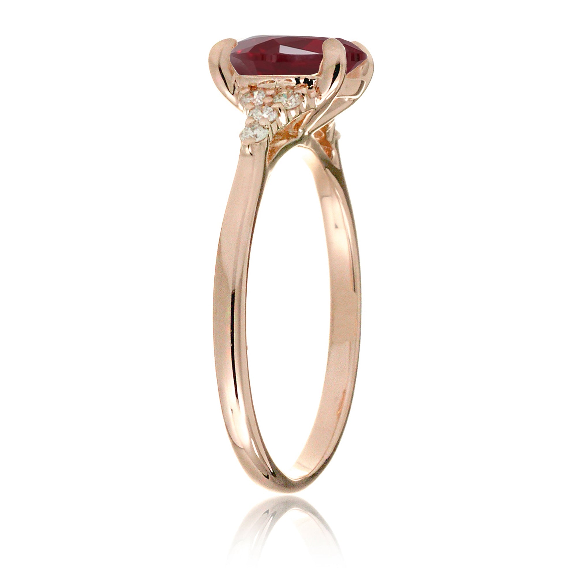 Cushion cut lab-grown ruby and diamond ring rose gold