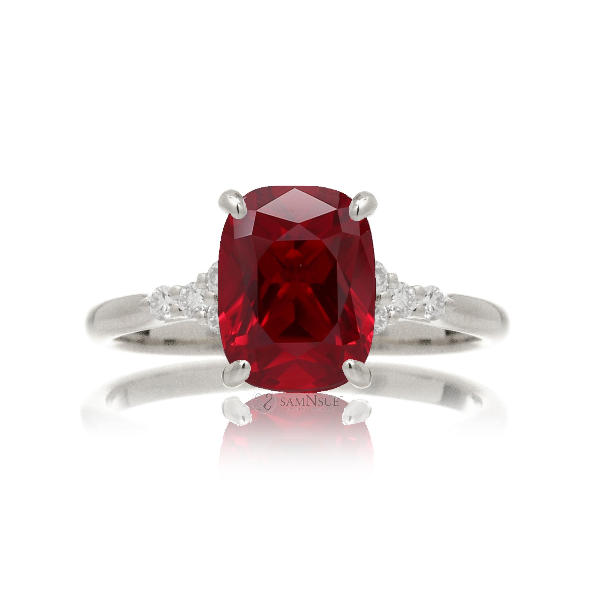 Cushion cut lab-grown ruby and diamond ring white gold
