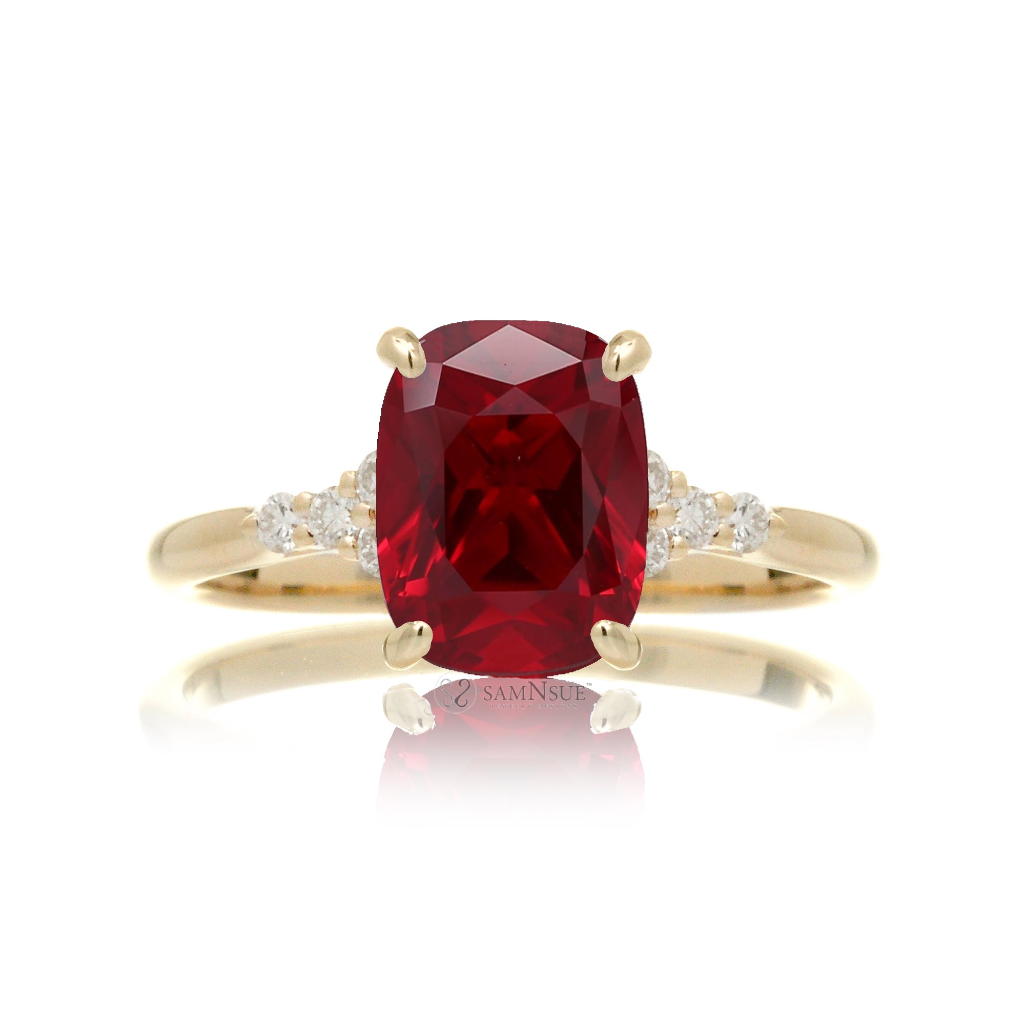 Cushion cut lab-grown ruby and diamond ring yellow gold