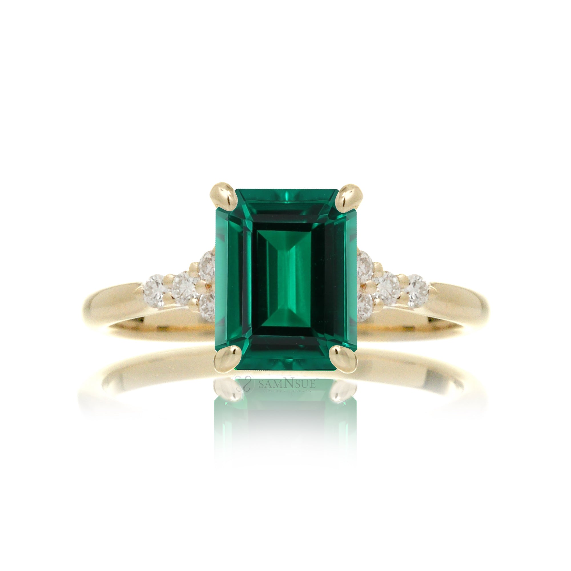 Green emerald engagement three stone ring in yellow gold the Chloe