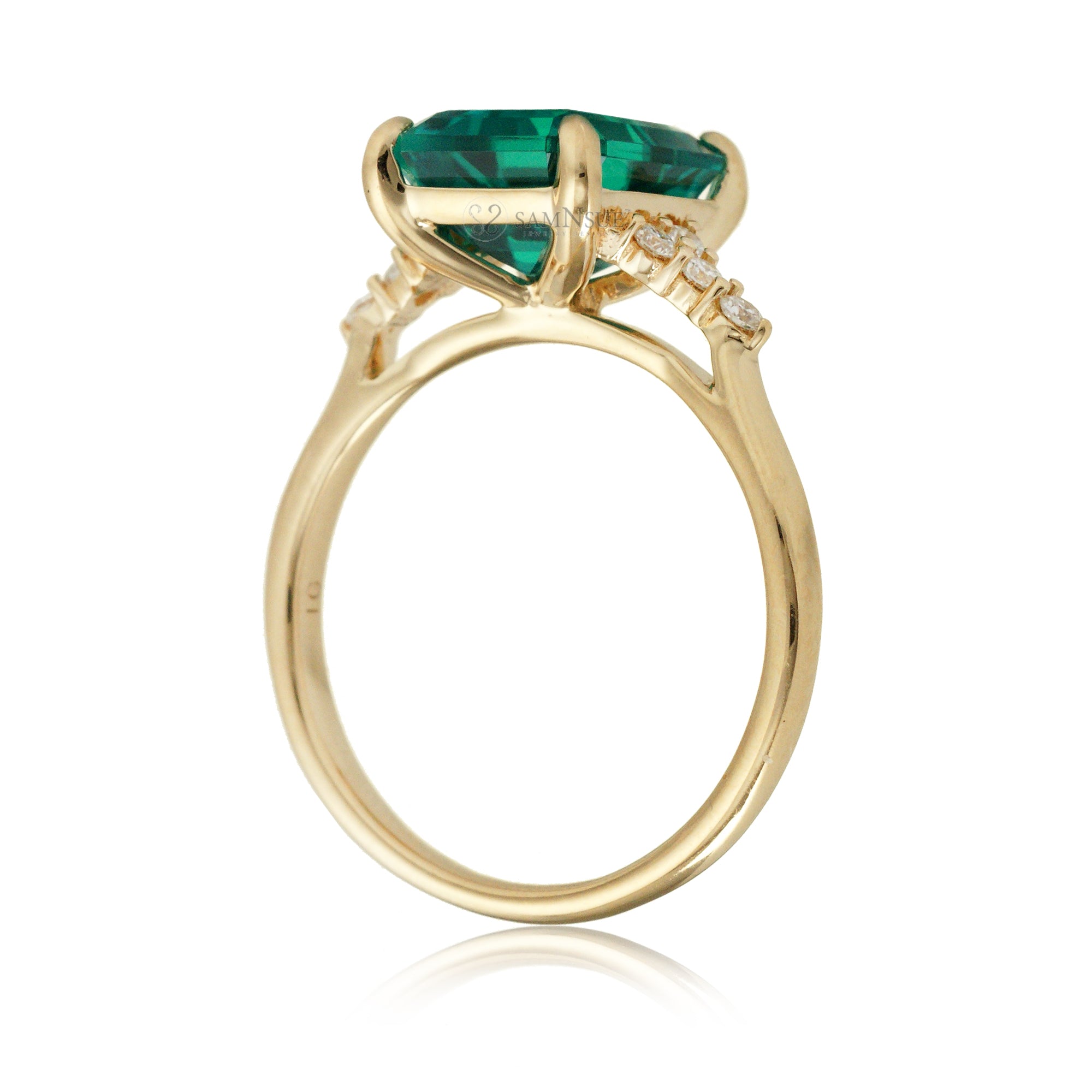 Green emerald engagement three stone ring in yellow gold the Chloe