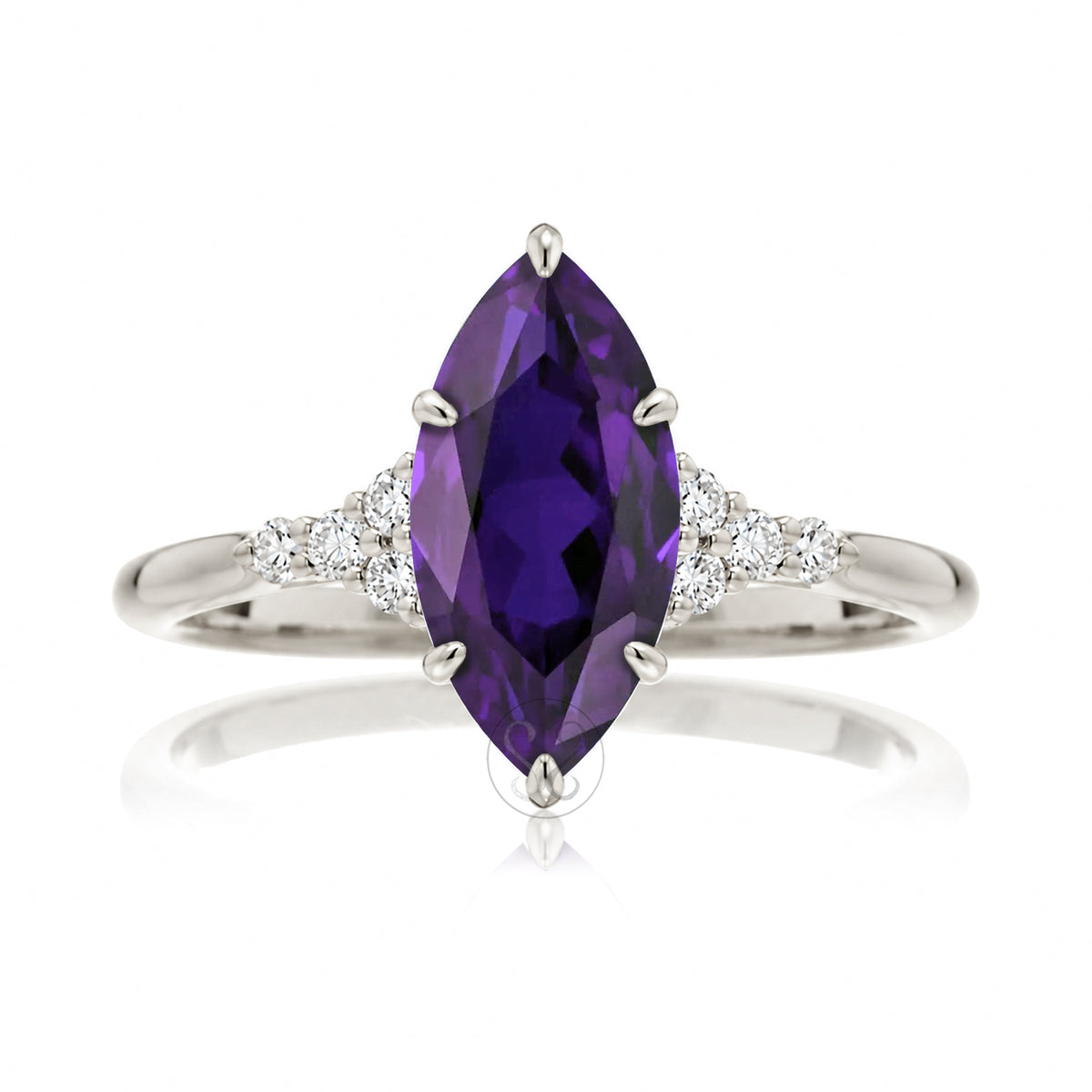 Marquise cut amethyst engagement ring with side diamond rounded band white gold