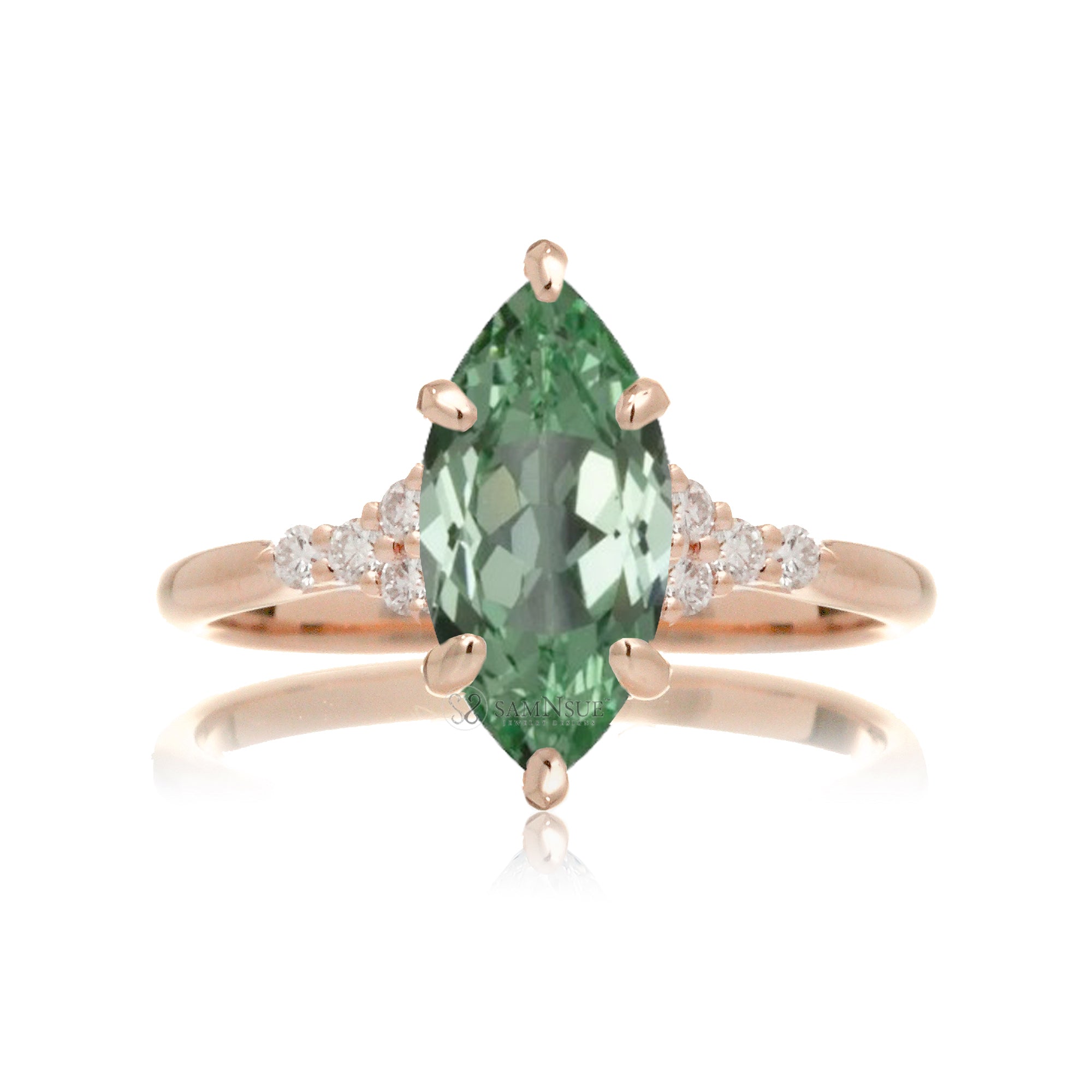 Marquise cut green sapphire diamond engagement ring in rose gold