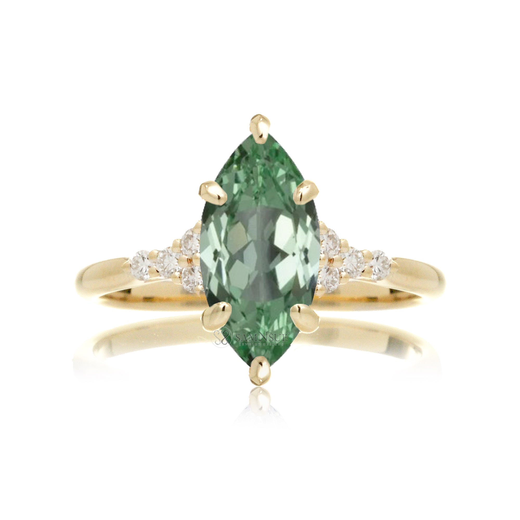 Marquise cut green sapphire diamond engagement ring in yellow gold