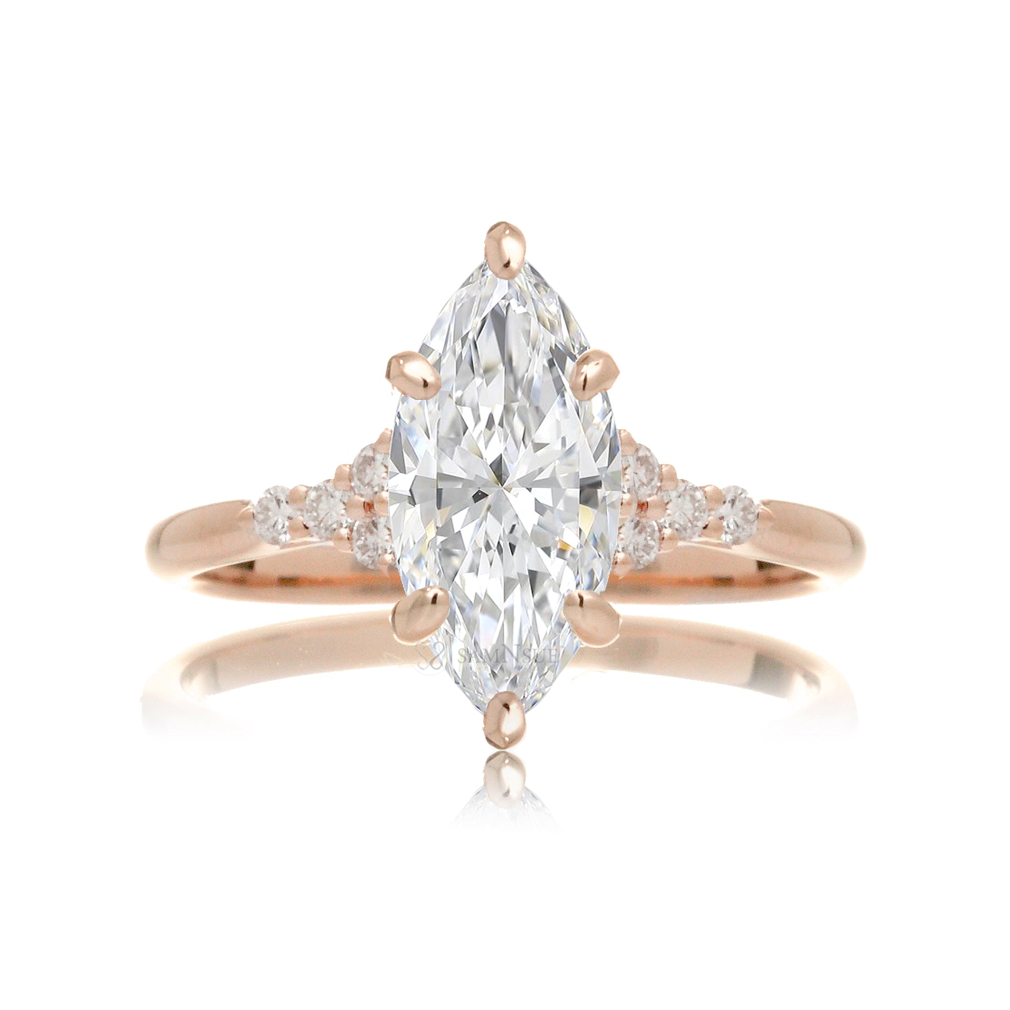 Marquise engagement ring with side stones and a thin comfort fit band in rose gold - the Chloe
