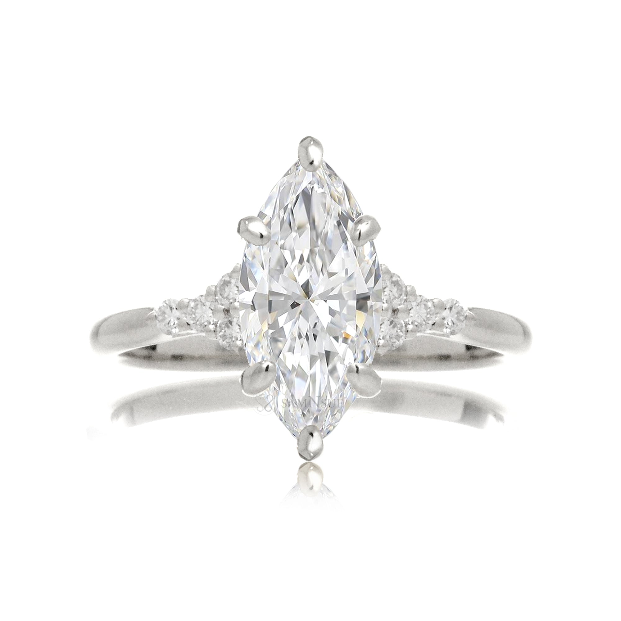 Marquise engagement ring with side stones and a thin comfort fit band in white gold - the Chloe
