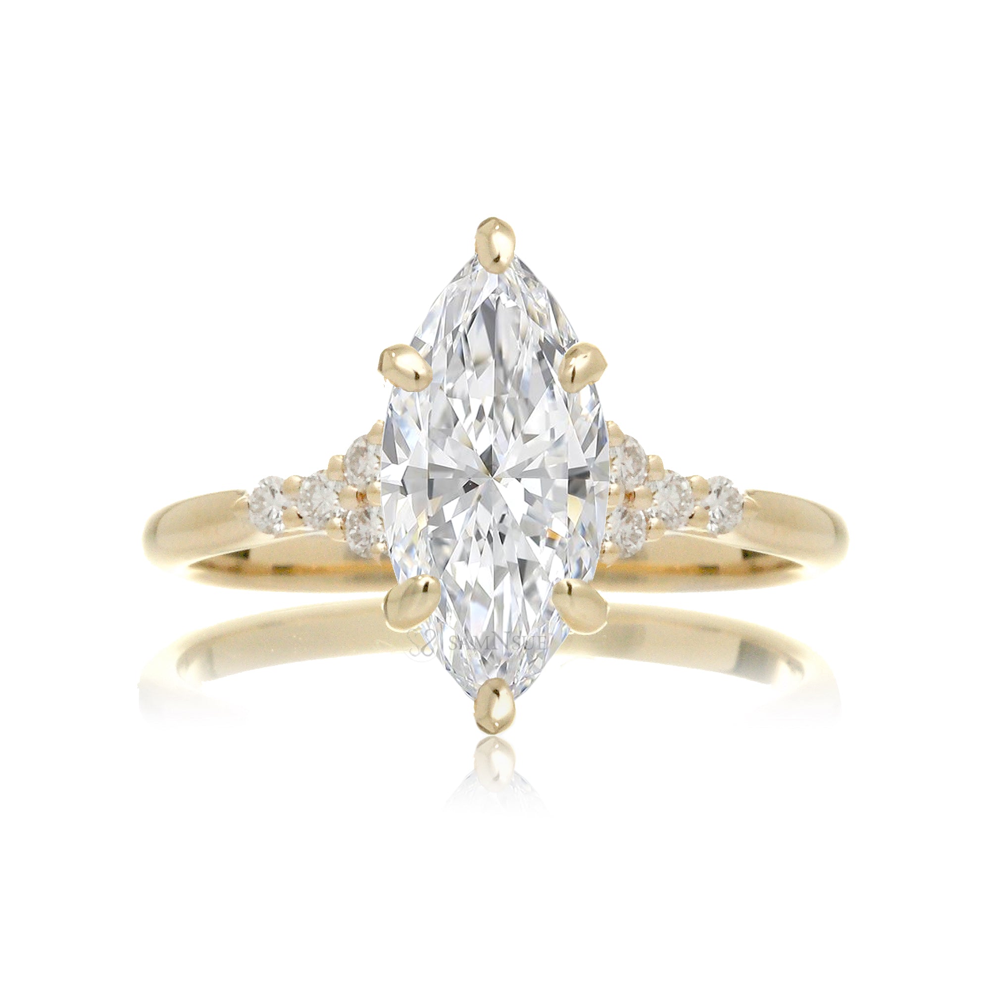 Marquise engagement ring with side stones and a thin comfort fit band in yellow gold - the Chloe
