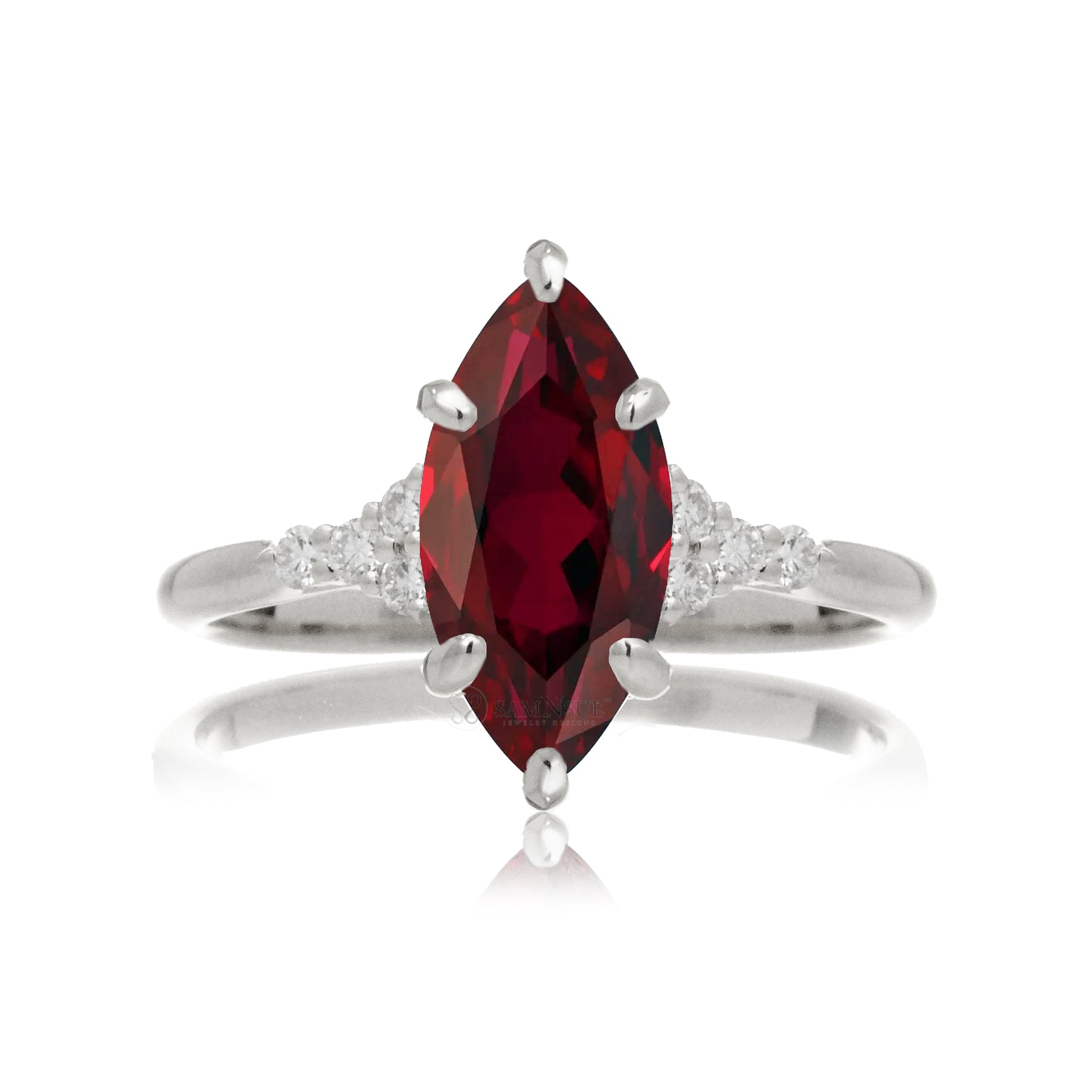 Marquise ruby and diamond three stone ring in white gold - the Chloe Ring