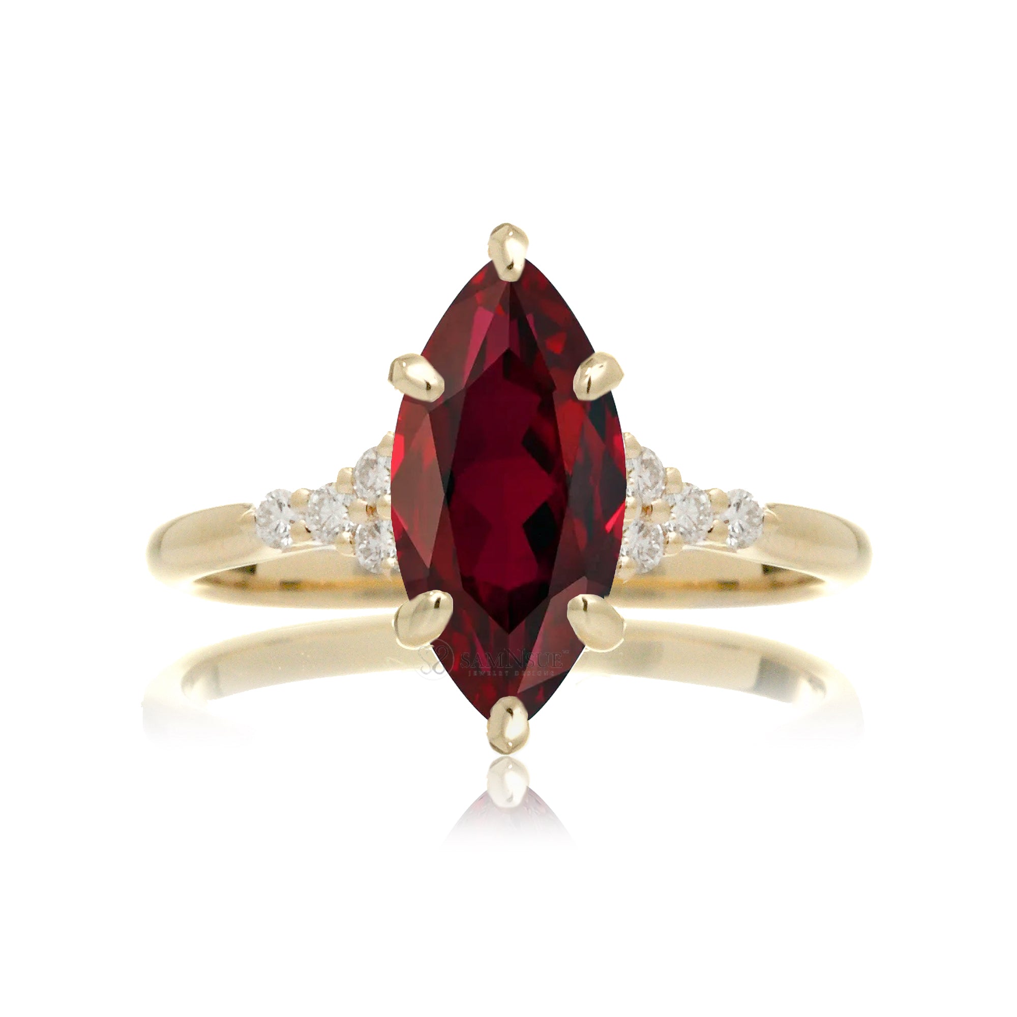 Marquise ruby and diamond three stone ring in yellow gold - the Chloe Ring