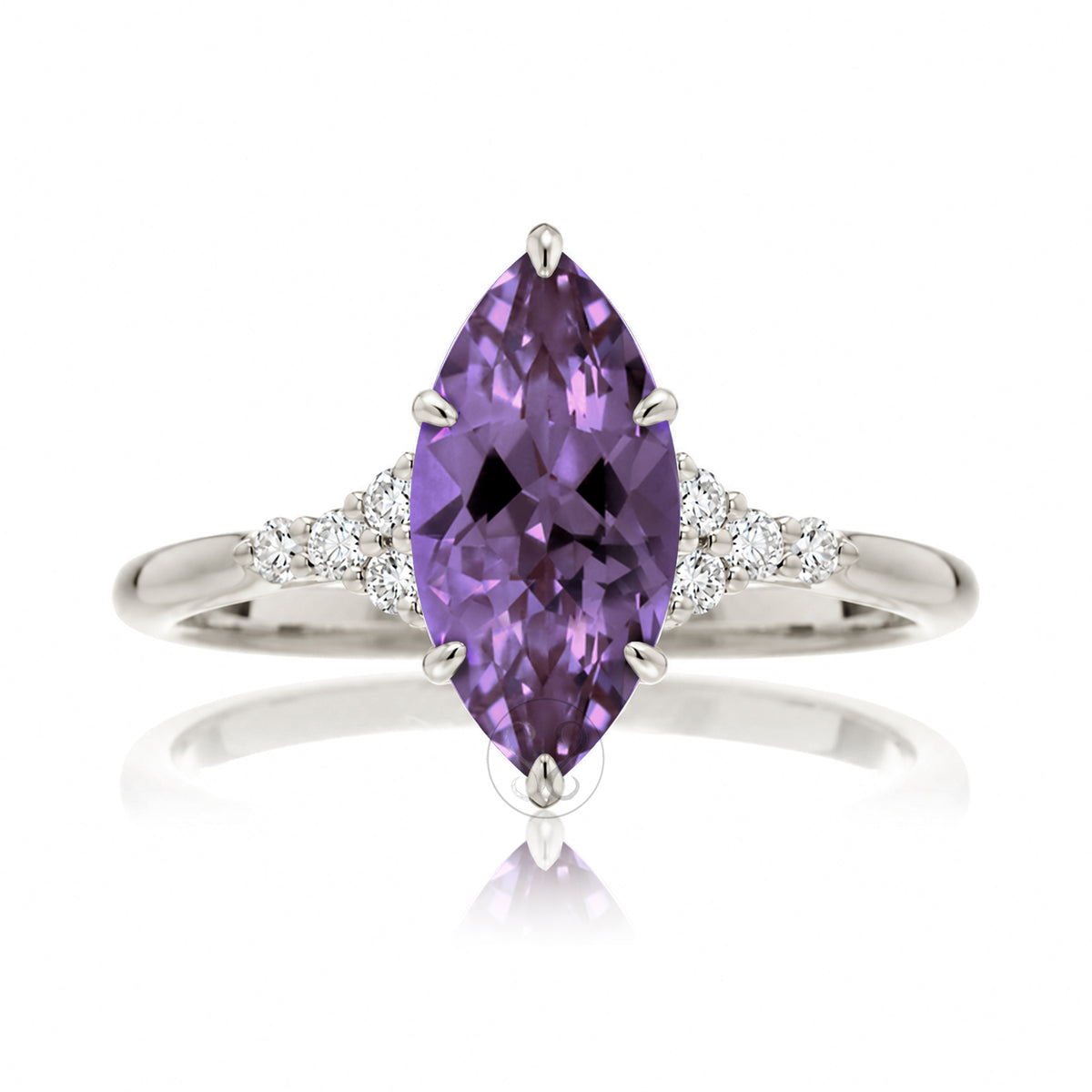Marquise cut purple sapphire engagement ring with side diamond rounded band white gold