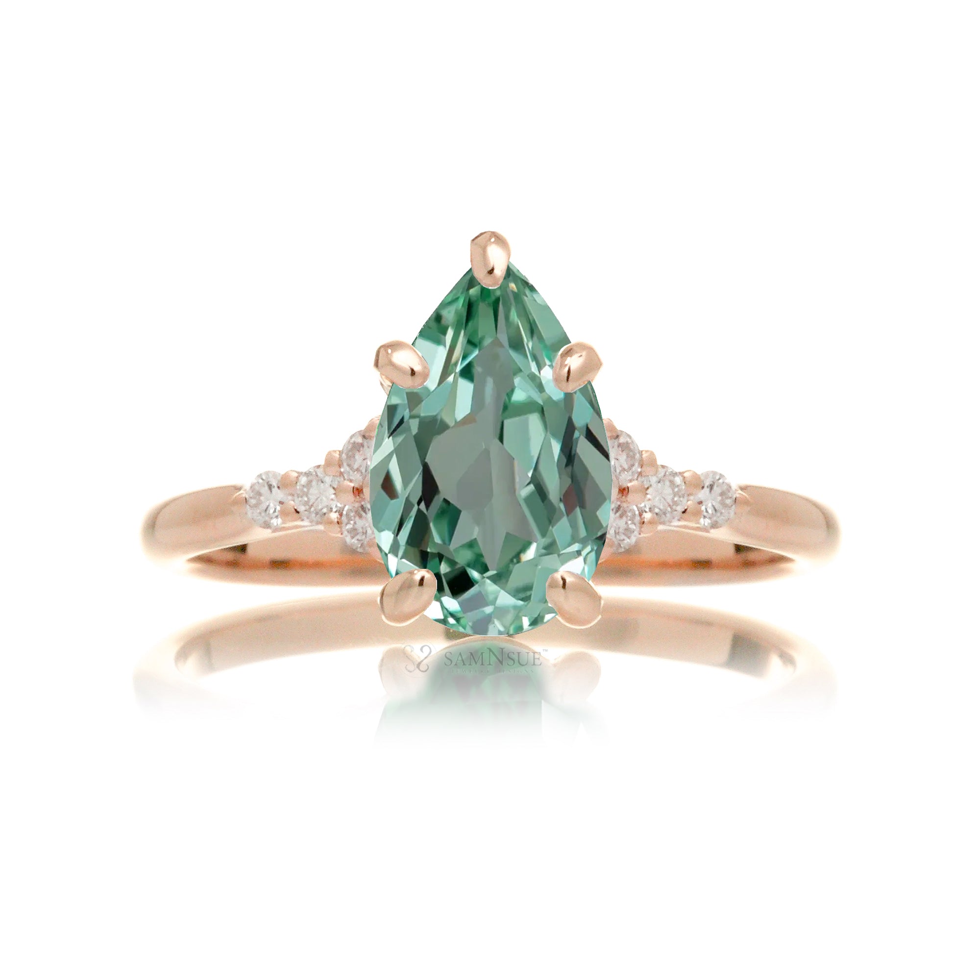 Pear cut green sapphire and diamond engagement ring in rose gold - the Chloe lab-grown