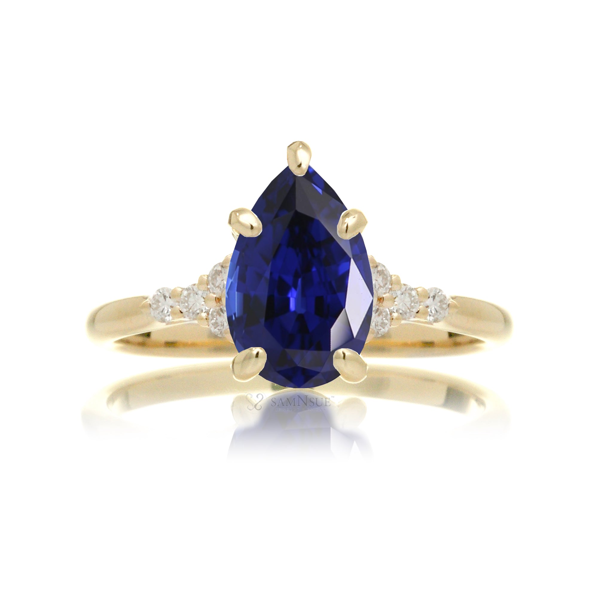 Pear shape blue sapphire diamond ring in yellow gold - the Chloe lab-grown