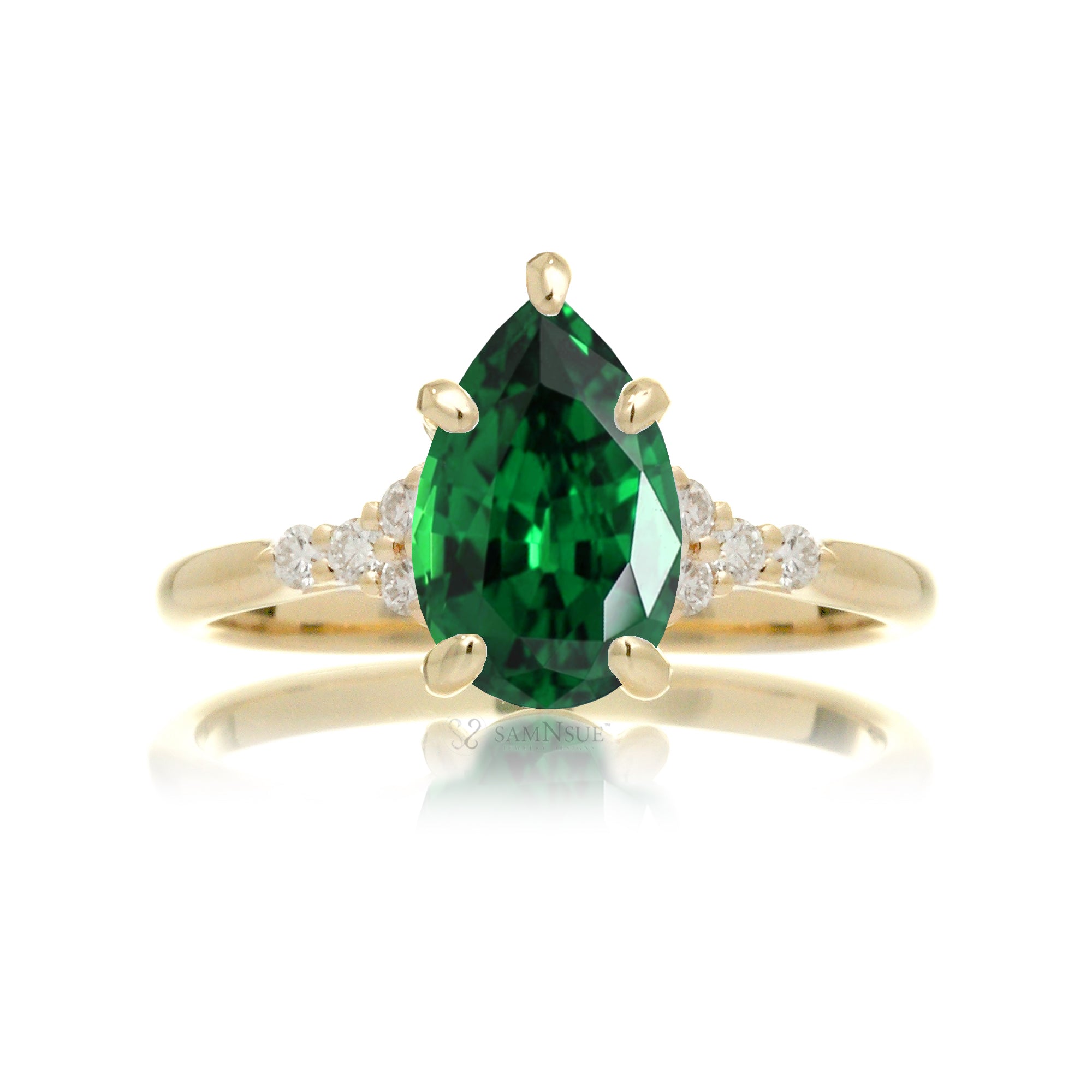 Pear cut emerald and diamond engagement ring in yellow gold - the Chloe lab-grown