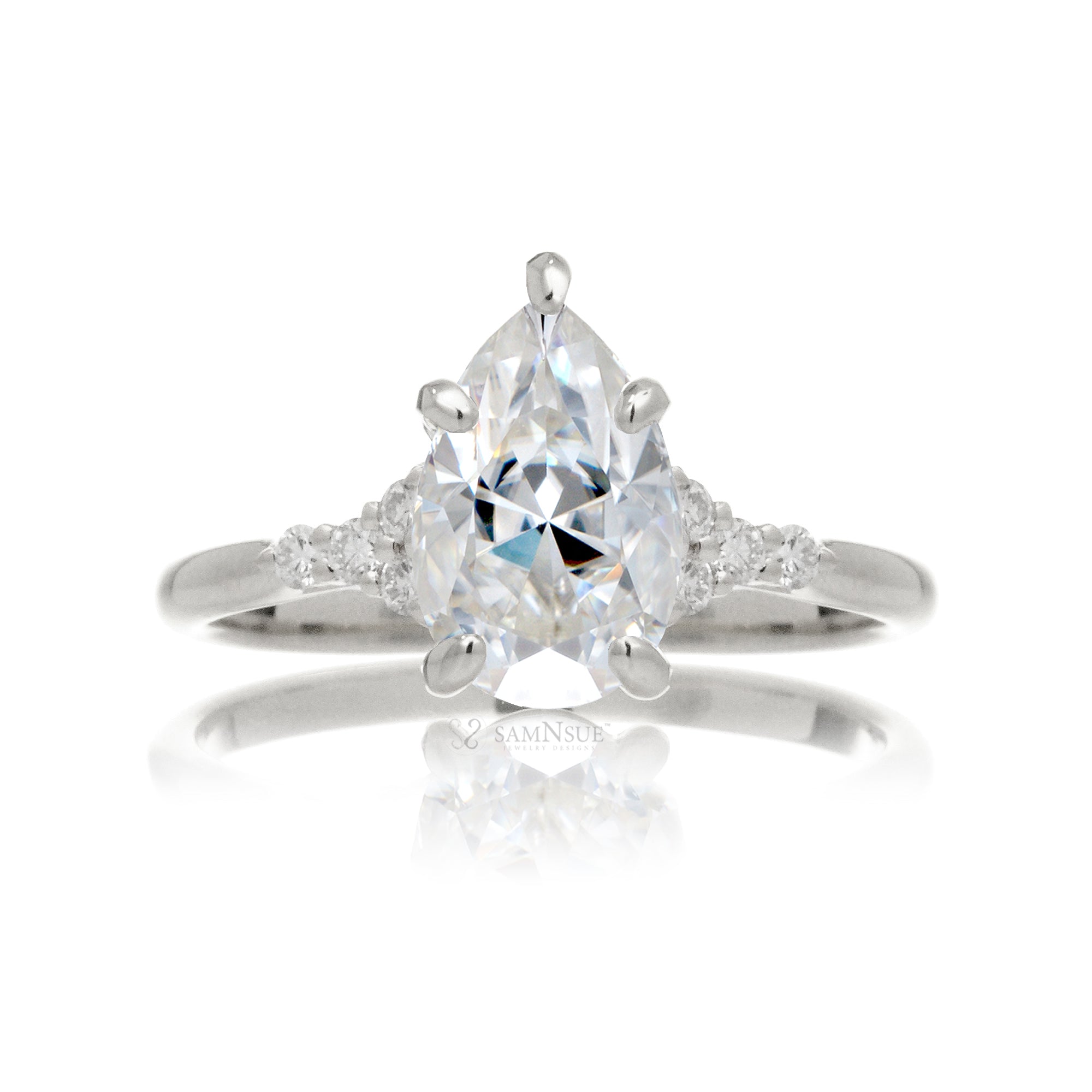  Pear moissanite ring with diamond accent on white gold - the Chloe