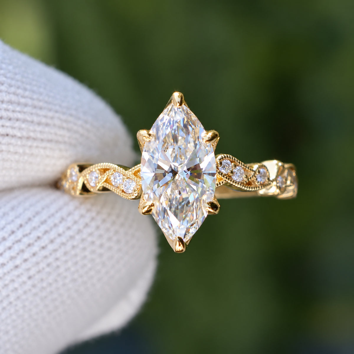 Marquise diamond ring 1.50ct flower prongs and filigree ornate diamond band in yellow gold in stock