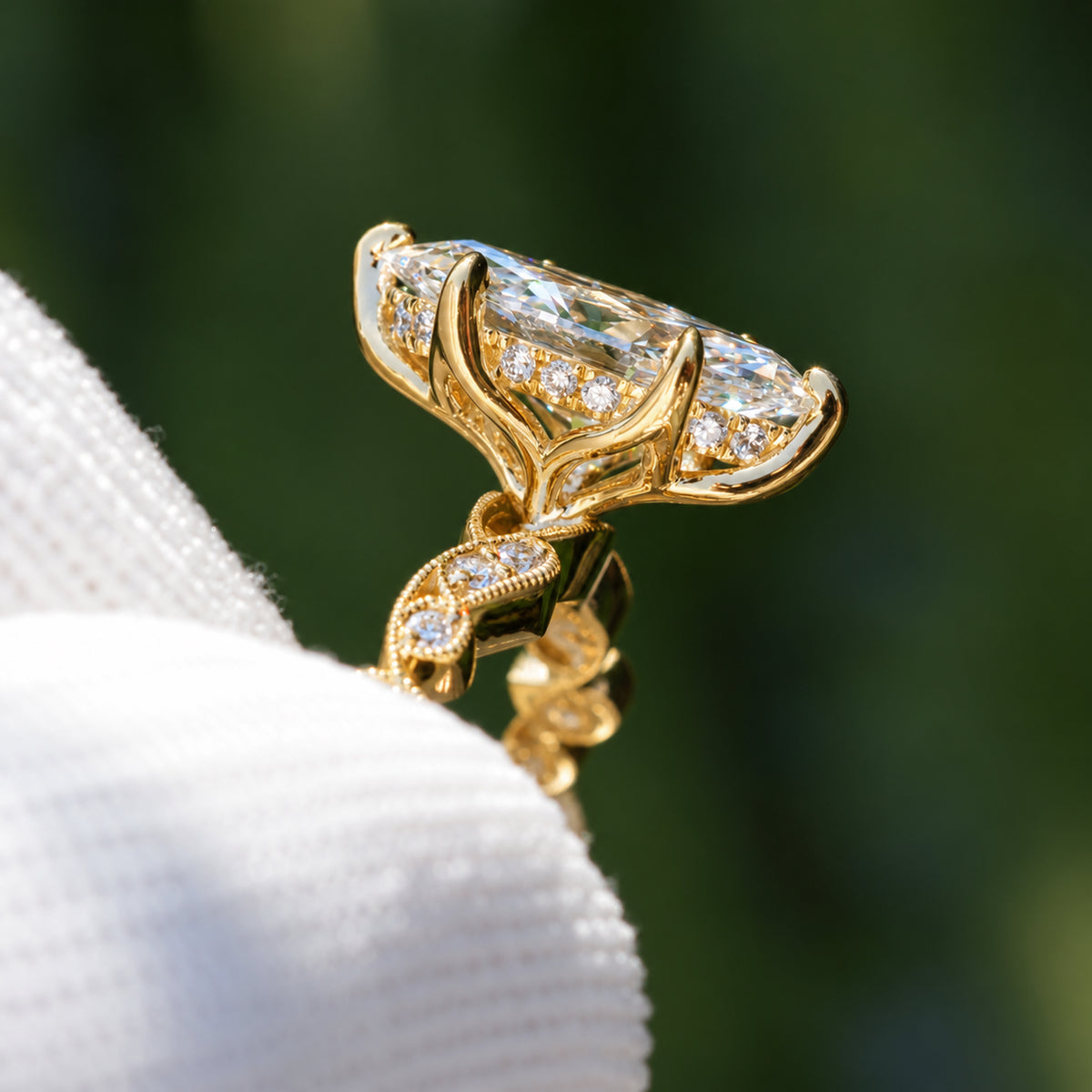 Marquise diamond ring 1.50ct flower prongs and filigree ornate diamond band in yellow gold in stock hidden halo