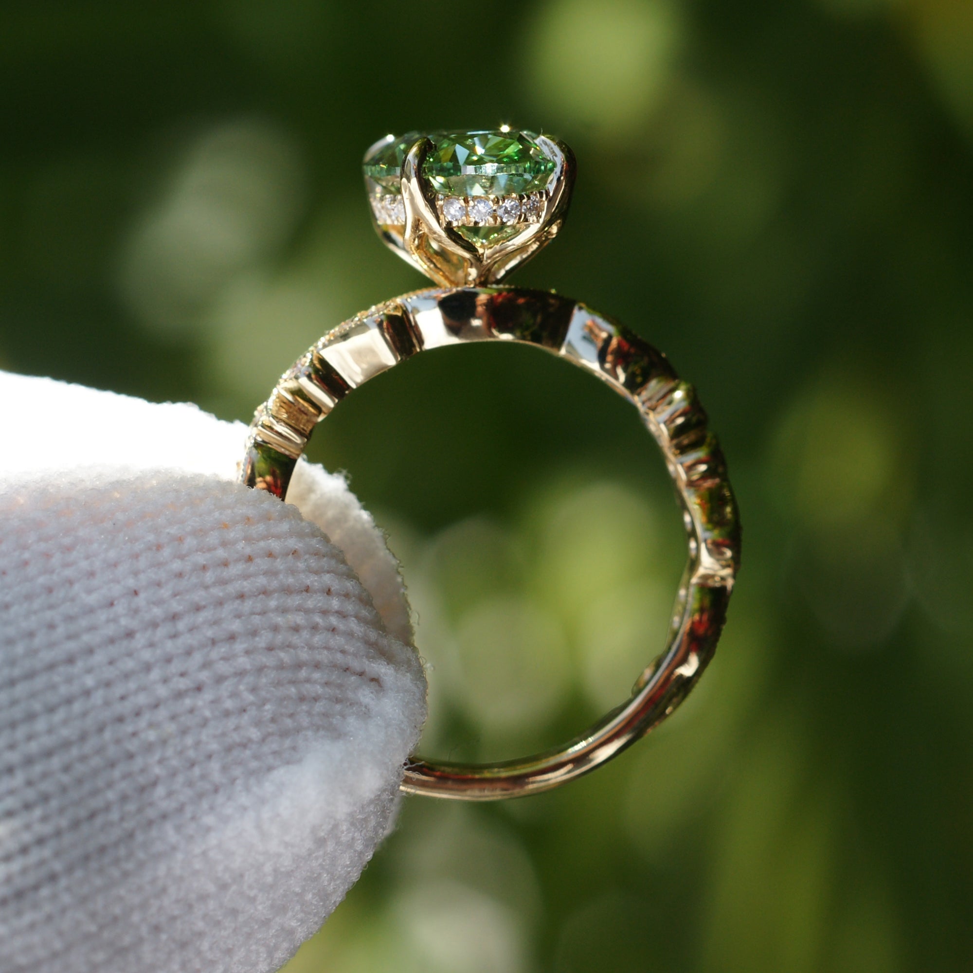 Oval diamond fancy vivid green engagement ring vintage vine band 3ct yellow gold the Elara