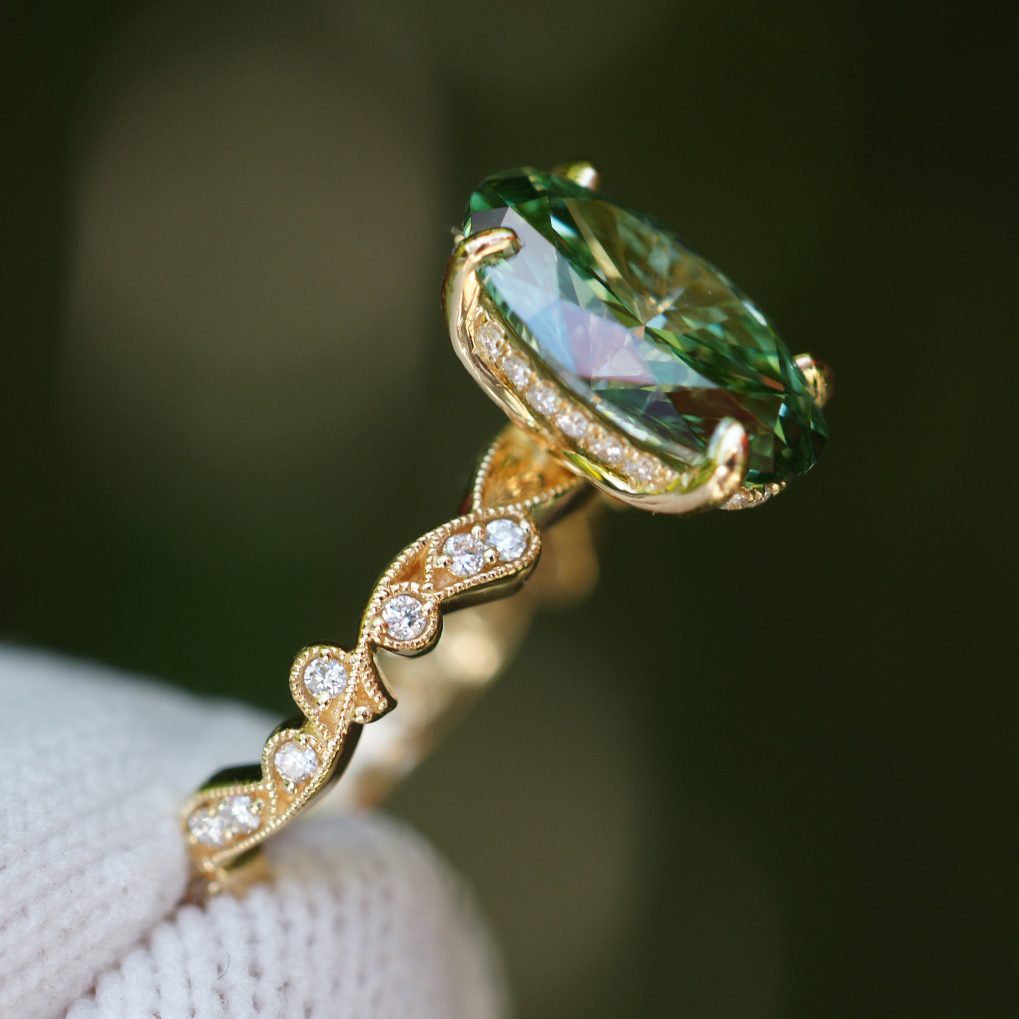 Oval diamond fancy vivid green engagement ring vintage vine band 3ct yellow gold the Elara