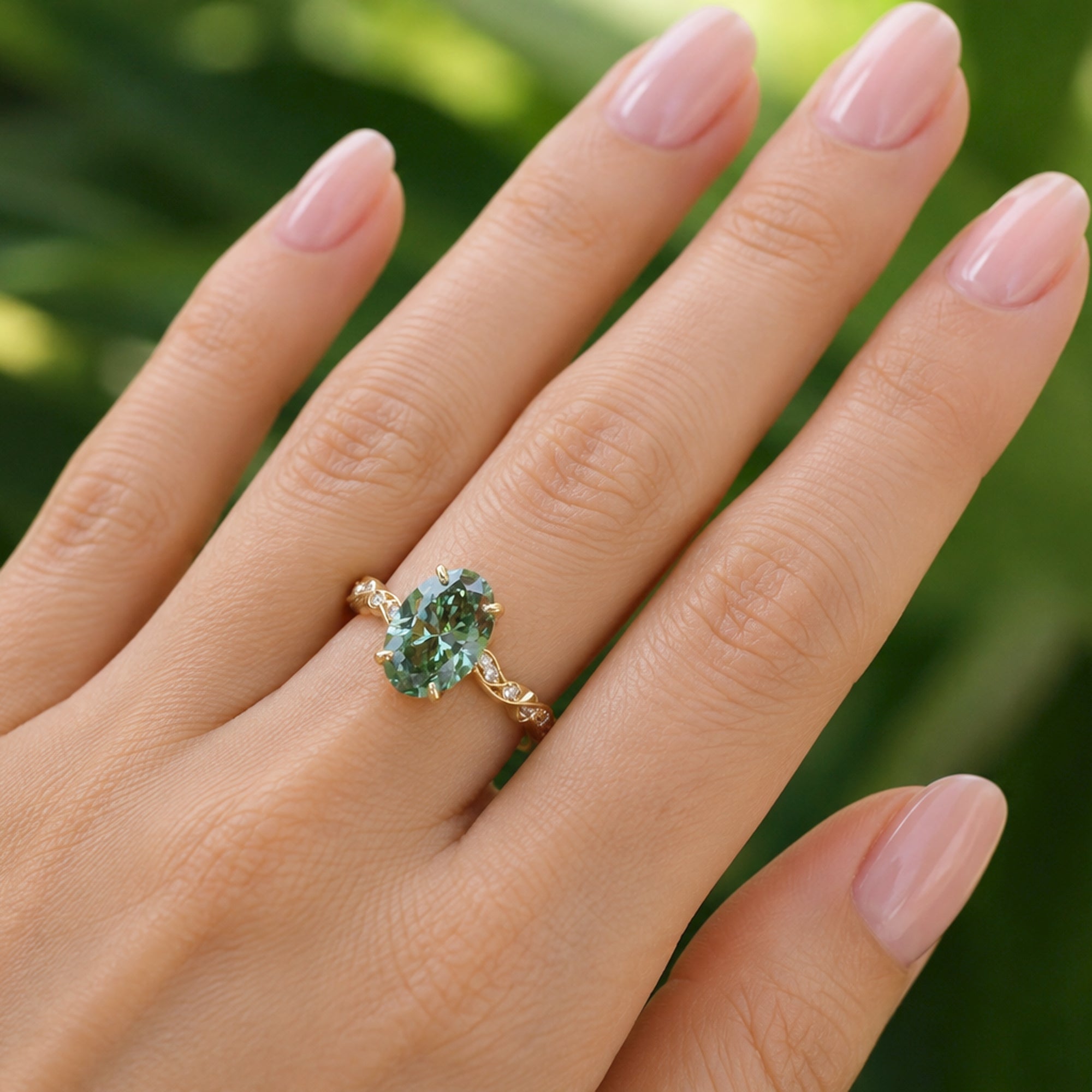 Oval Green Diamond Ring Twisted Vines - The Elara (3.23ct. tw.)