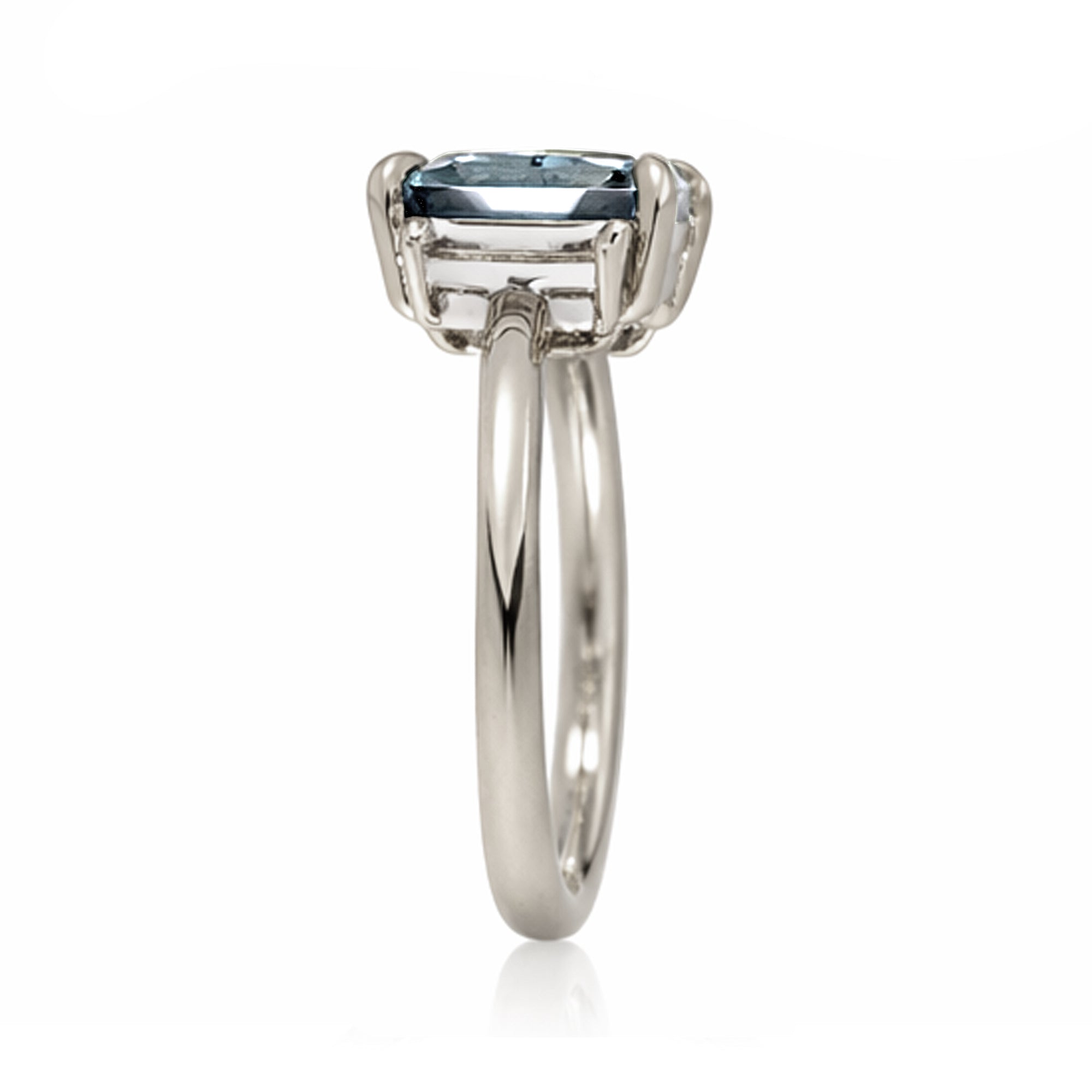Emerald cut aquamarine ring with long baguette three stone solid comfort fit rounded band white gold