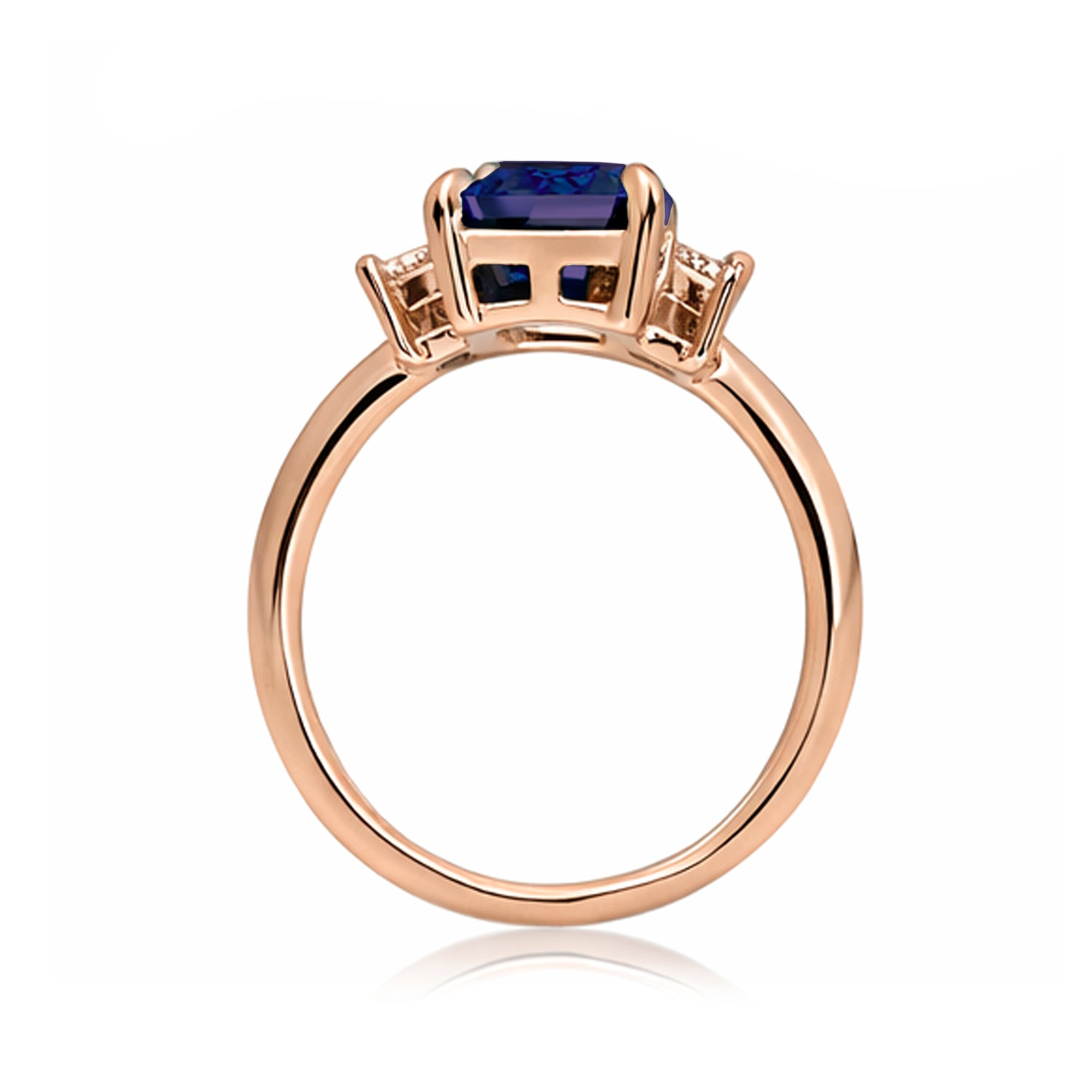 Emerald cut blue sapphire ring with long baguette three stone solid comfort fit rounded band rose gold