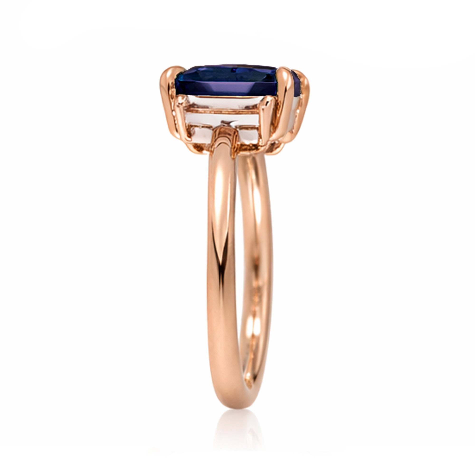 Emerald cut blue sapphire ring with long baguette three stone solid comfort fit rounded band rose gold