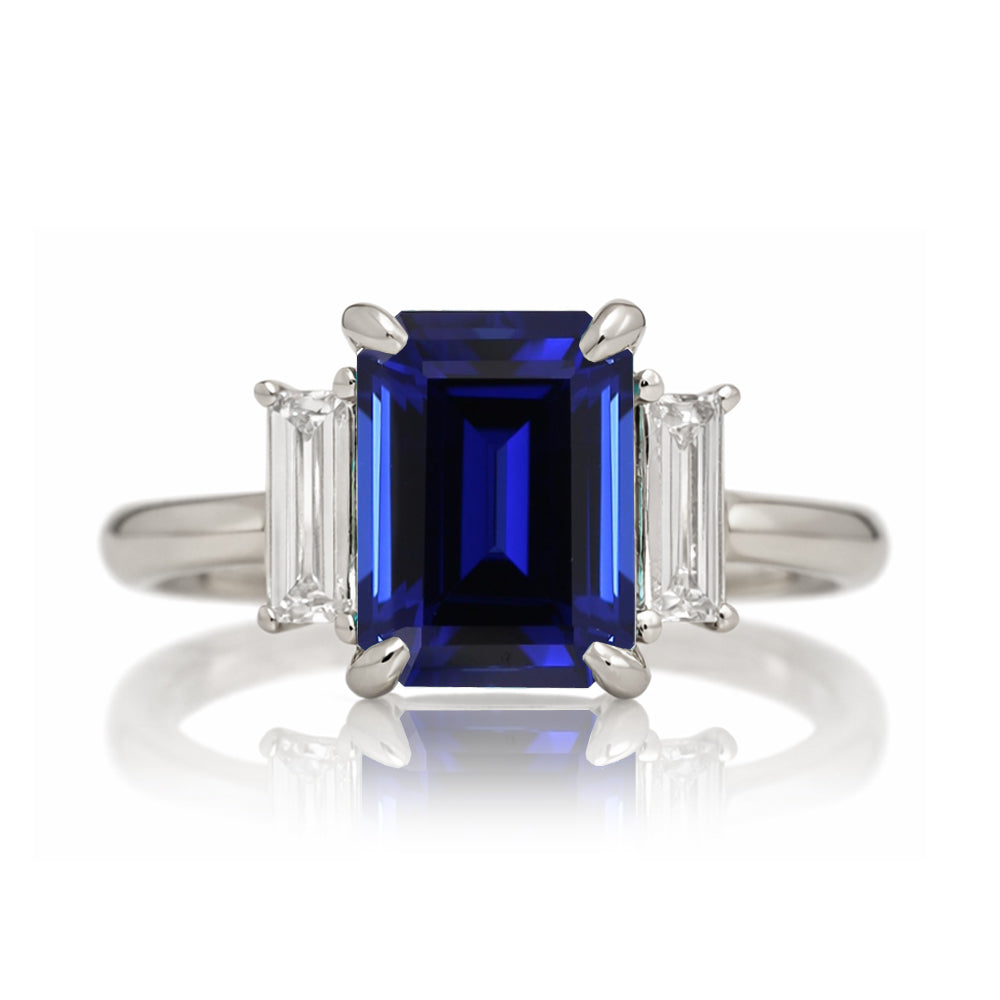 Emerald cut blue sapphire ring with long baguette three stone solid comfort fit rounded band white gold