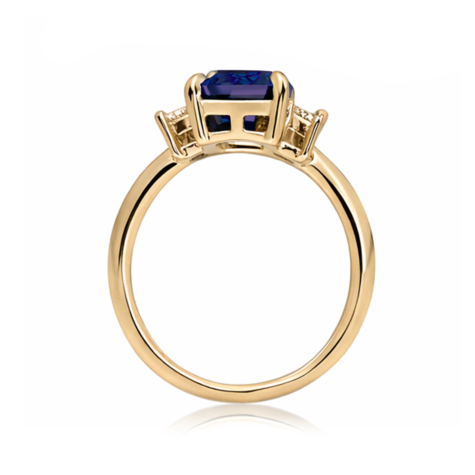 Emerald cut blue sapphire ring with long baguette three stone solid comfort fit rounded band yellow gold