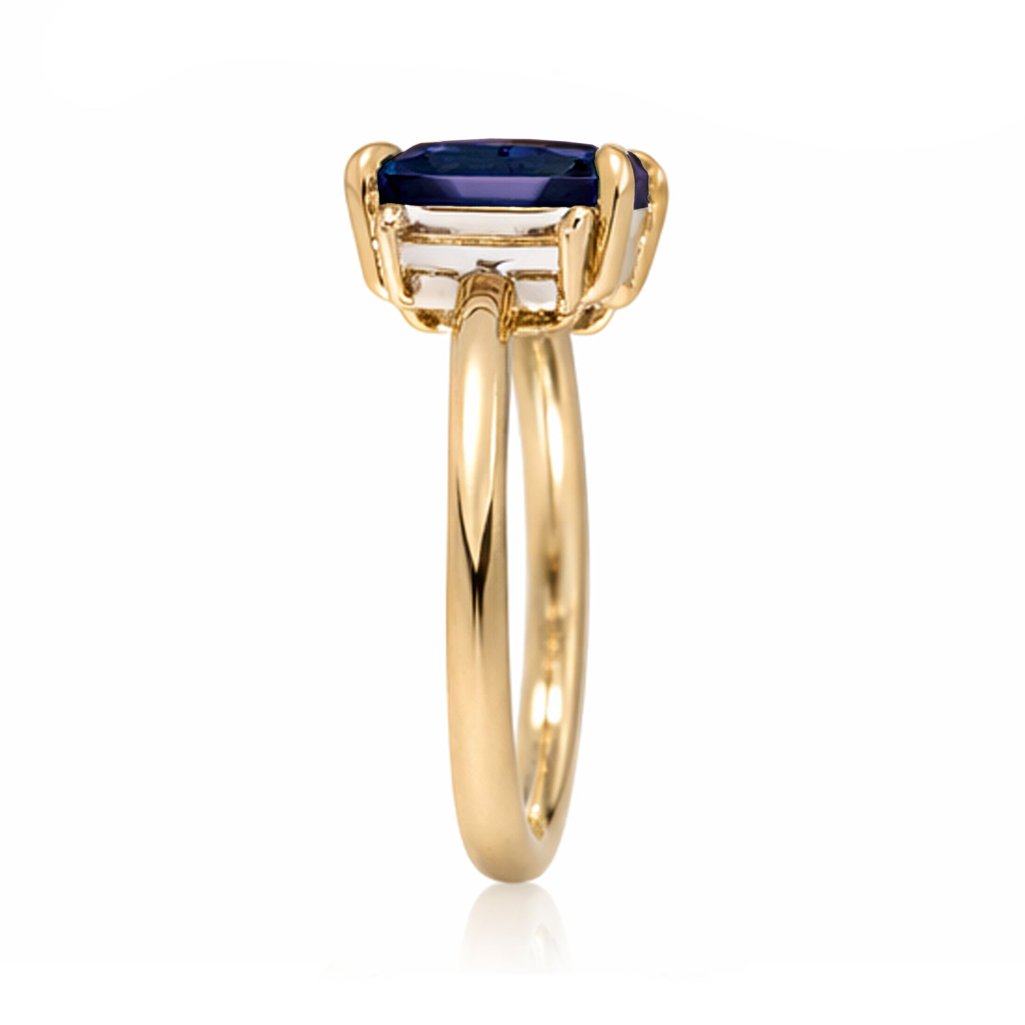 Emerald cut blue sapphire ring with long baguette three stone solid comfort fit rounded band yellow gold