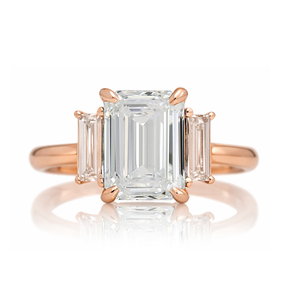 Emerald cut diamond ring with long baguette three stone solid comfort fit rounded band rose gold