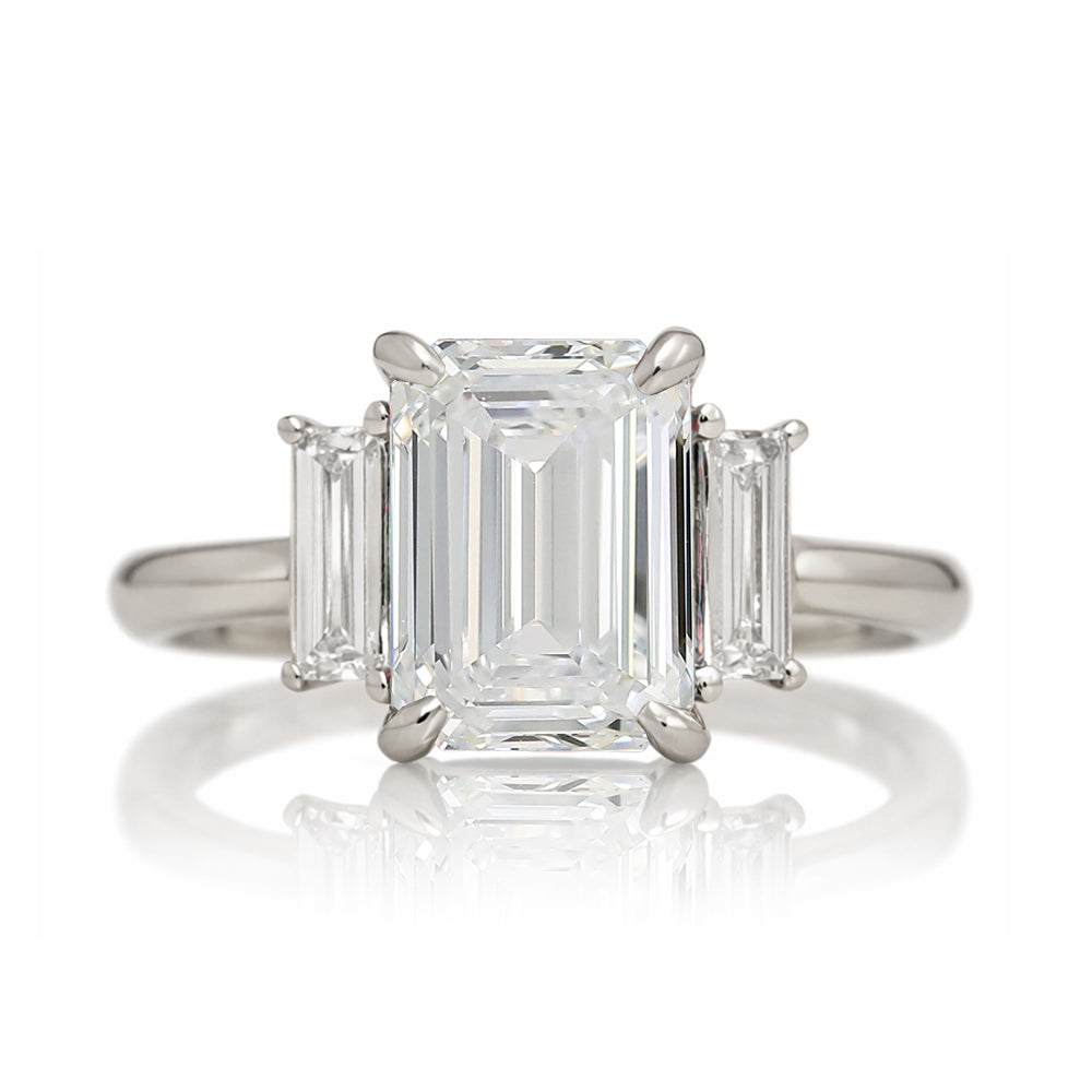 Emerald cut diamond ring with long baguette three stone solid comfort fit rounded band white gold